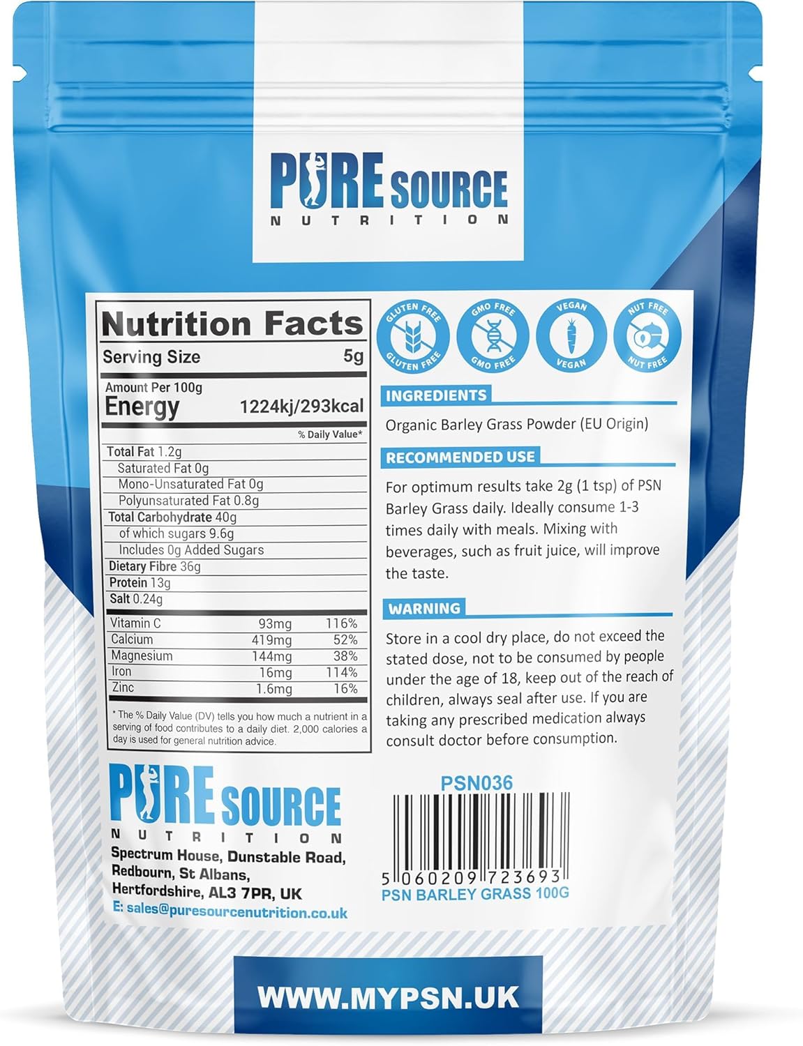 Organic Barley Grass Powder 1Kg from European Fresh Young Barleygrass Superfood Supergreen Powder by Pure Source Nutrion (1Kg)