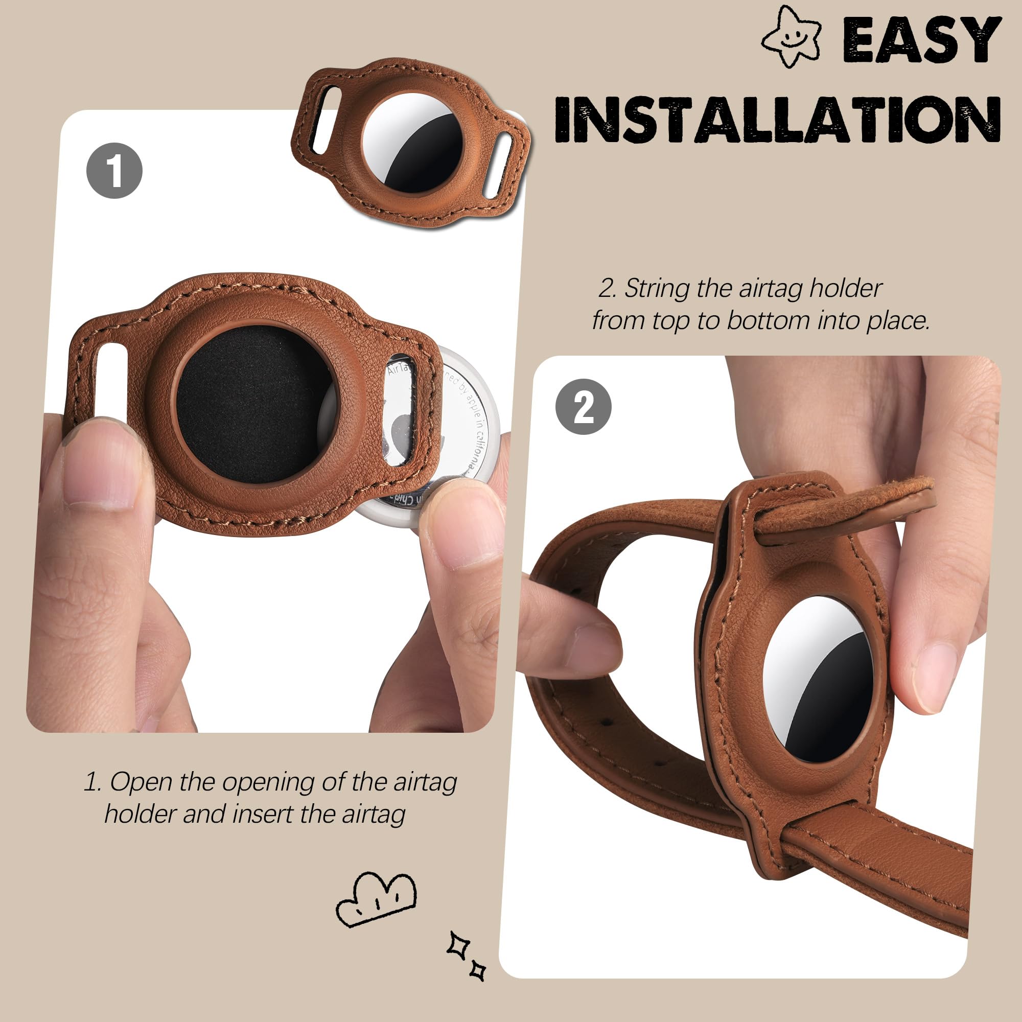 AirTag - Collar de gato con campana y forro de tela, collar de cuero para mascotas, collar de gato de cuero no separable con soporte para AirTag, collares GPS para gatos y gatos (marrón)