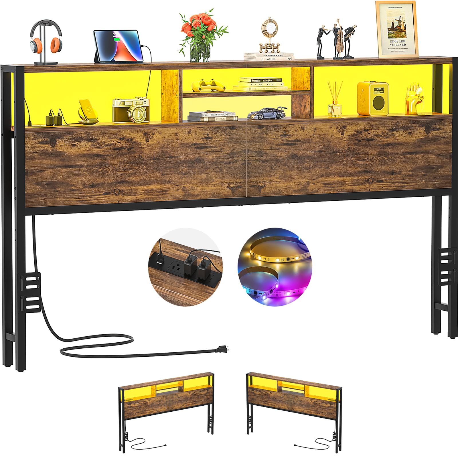 Aheaplus Headboard for King Size Bed with Storage, Headboards with Outlets, USB Ports and LED Light, King Size Head Board, Height Adjustable, Reversible, Sturdy and Stable Headboard, Rustic Brown