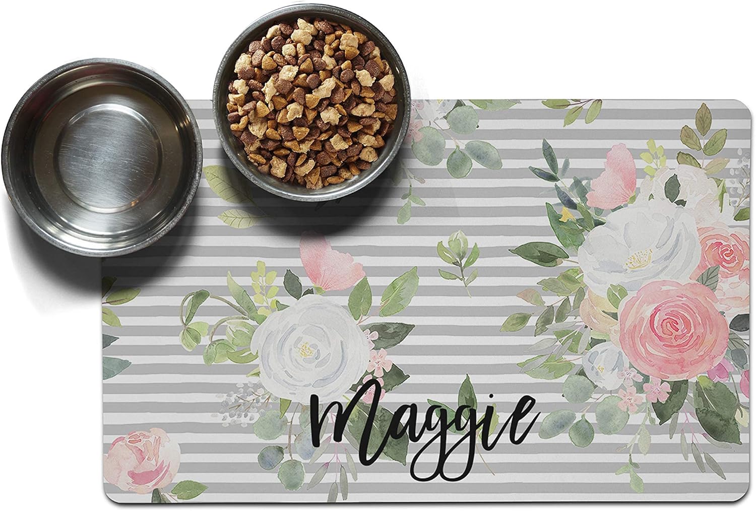 Personalized Pet Mat - Waterproof & Non-Slip Pet Food Mat with Edges - Cats & Dogs Feeding Mats - Petfood, Water, Dish Bowls Pad - Gifts for Dog & Cat (18x36, Black/White Plaid)