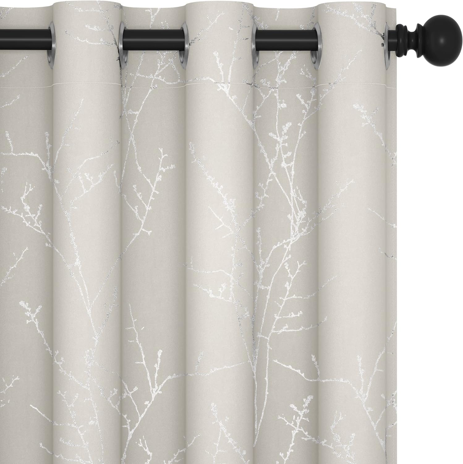 Deconovo Beige Blackout Curtains, Boho Farmhouse Curtain, Thermal Insulated Soundproof Drapes, Silver Branch Print, 52 x 84 Inch Long, Machine Washable Window Panels for Living Room Bedroom, Set of 2