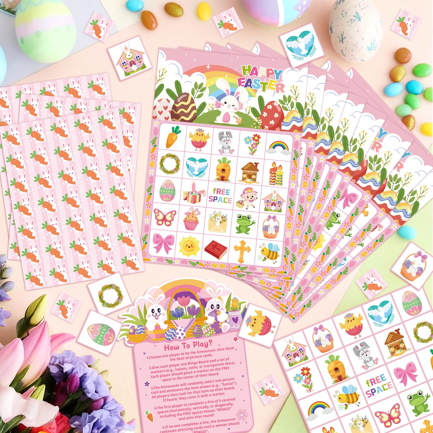 Set Giochi Bingo Pasquale per 24 Giocatori,38 Pezzi Arte Giochi Bingo Pasquali Gadget Compleanno