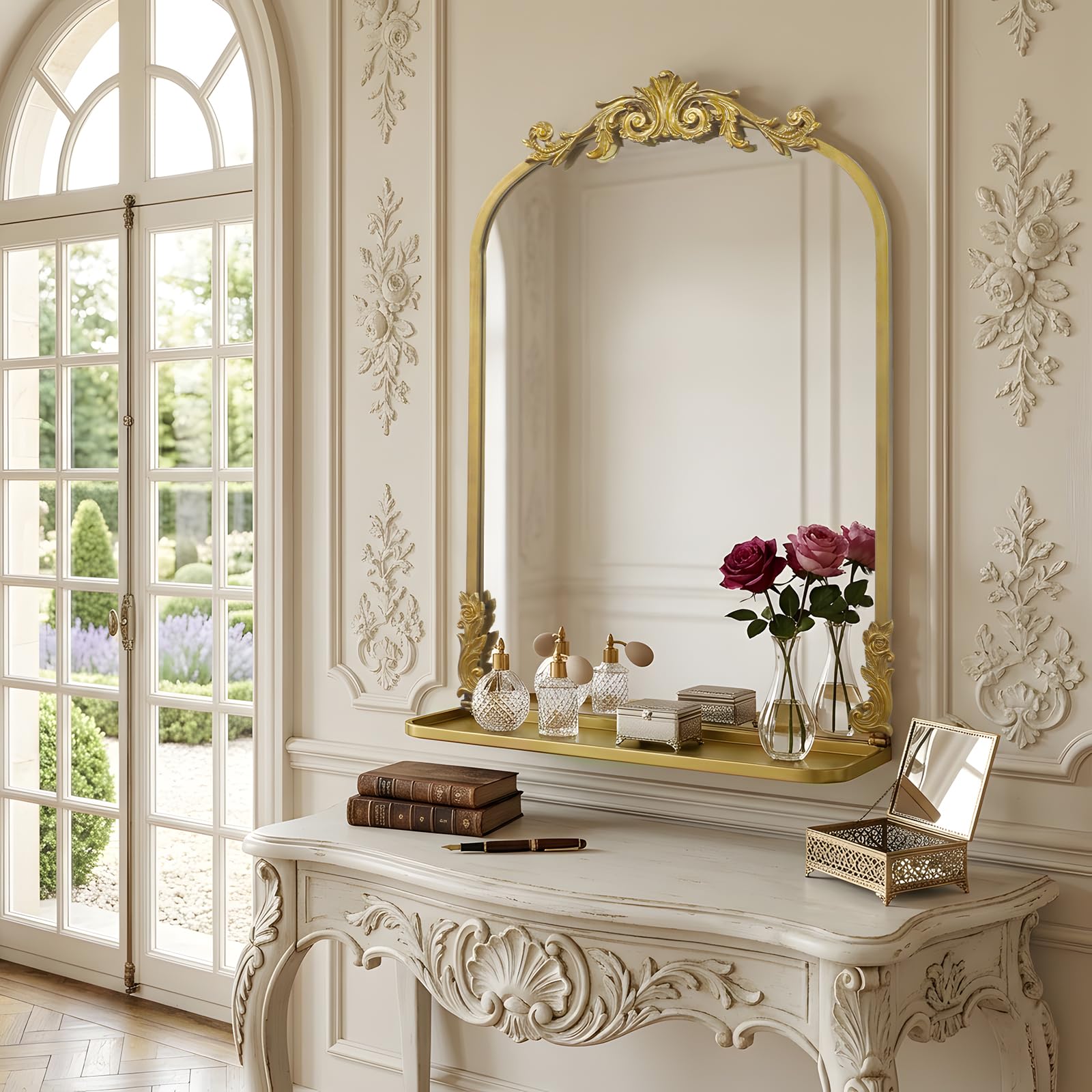 CASOLLY Vintage Arched Wall Mirror with Shelf