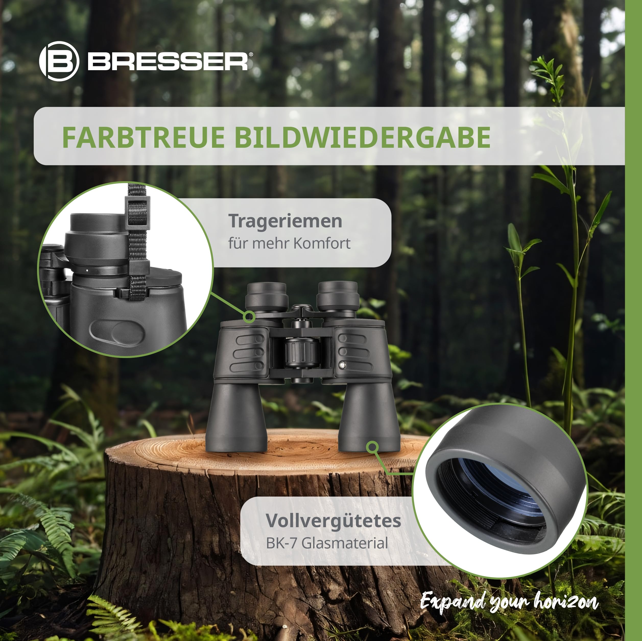 Bresser Fernglas Hunter 10x50 kompaktes Porro Fernglas, klein, leicht und ideal für Reisen, mit Mehrschichtvergütung und Dioptrienausgleich