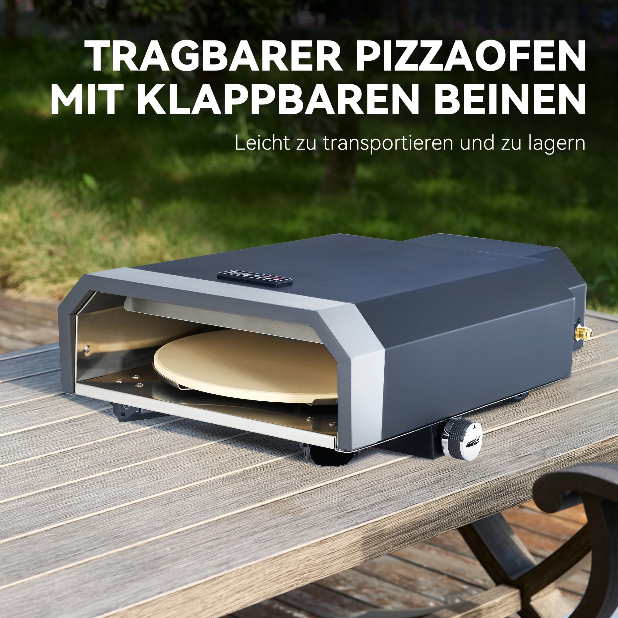 Royal Gourmet Four à pizza compact à gaz avec pierre à pizza 4 kW Four à gaz avec tuyau à gaz et régulateur Four avec pieds pliants pour camping en plein air