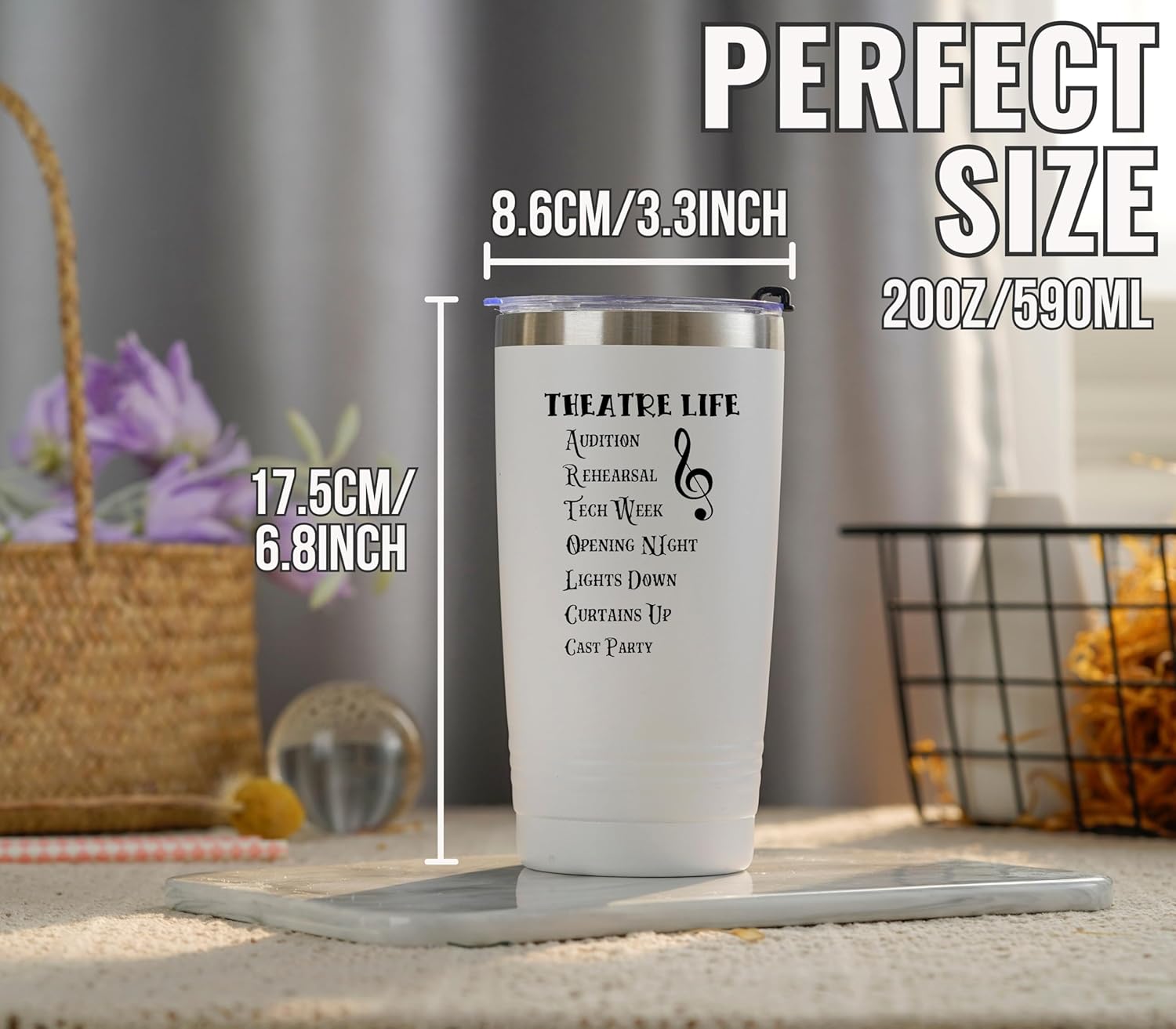 Onebttl Theater Gifts, Broadway Gifts for Musicians, Actors and Music Teacher on World Theatre Day, Birthday and Chistmas, 20 oz Insulated Stainless Steel Tumbler -THEATRE LIFE - Image 2
