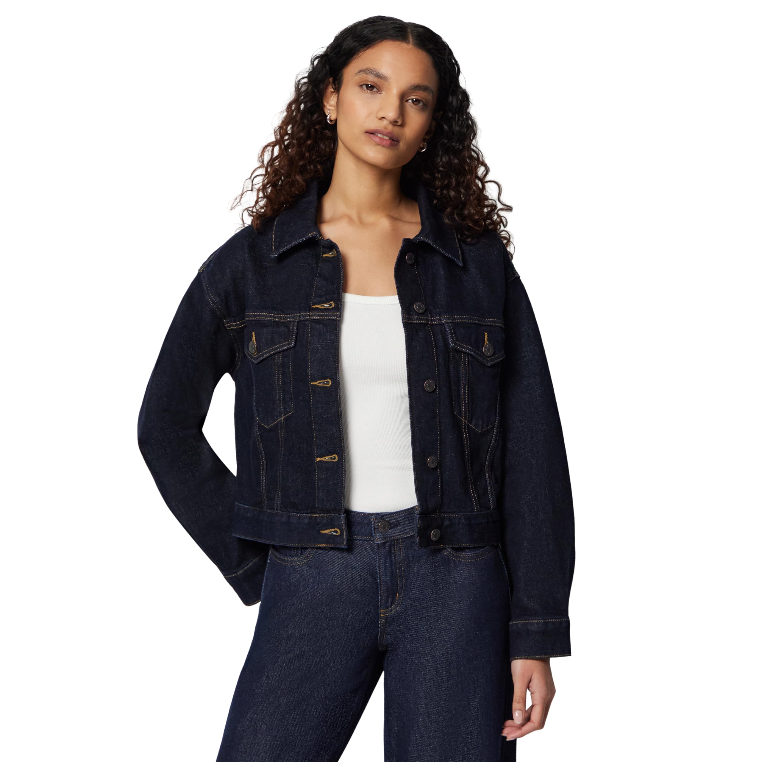 Amazon Essentials Women's Low Stretch Relaxed-Fit Cropped Denim Jacket, Rinse Denim, Large