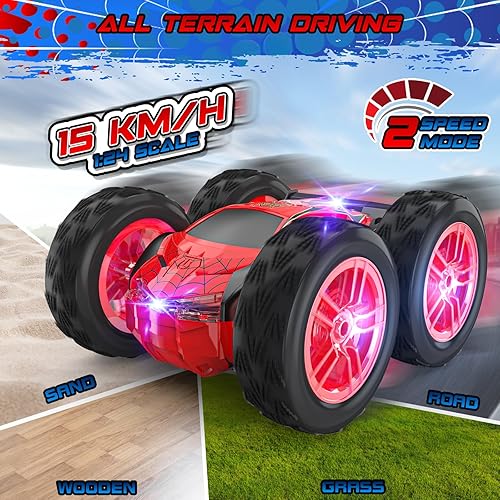 Miniatura 5 de Auto a control remoto para niños, autos de acrobacias a control remoto, juguetes para niños de 4 a 7 años con patrón de doble cara y flash LED,