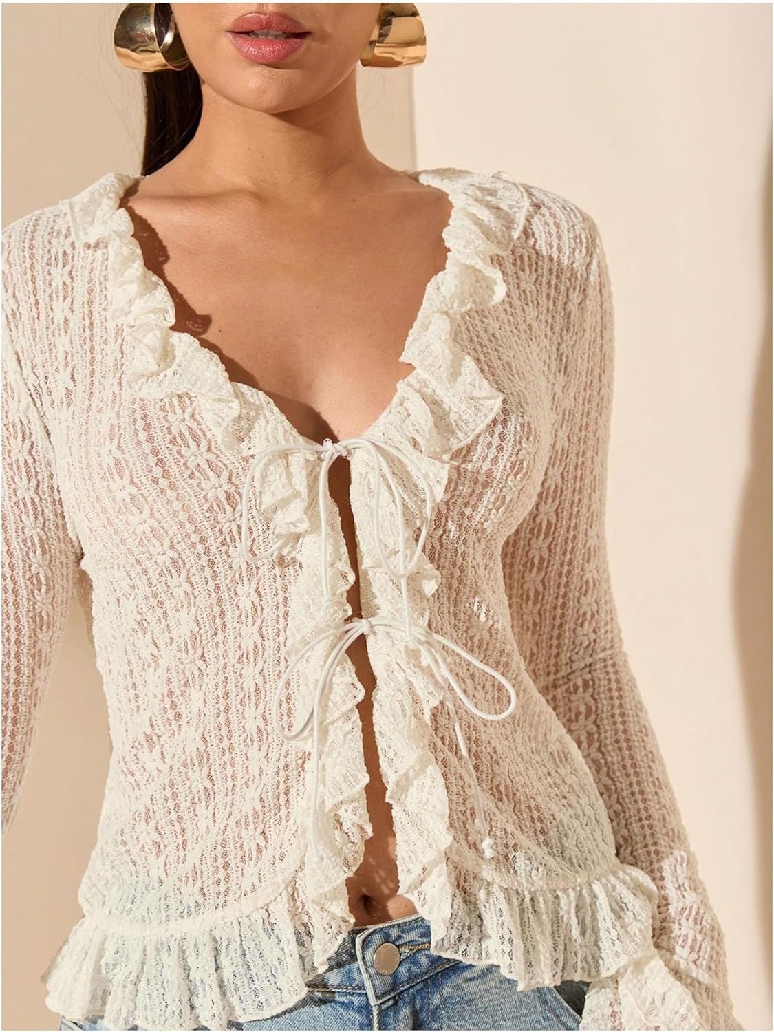 SOLY HUX Women's Lace Tie Front Ruffle Tops Deep V Neck Sheer Going Out T Shirts - Image 3