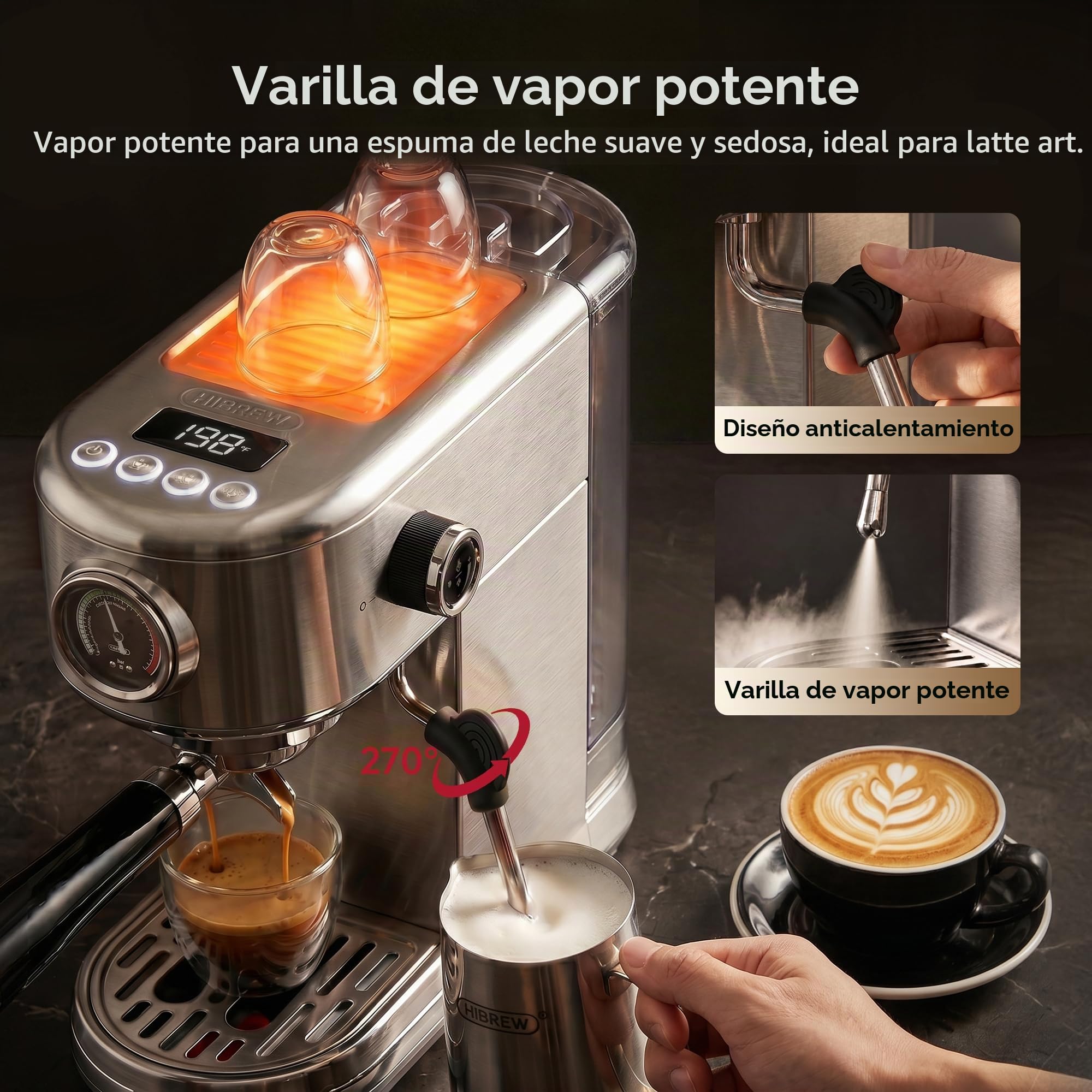 HIBREW H10B Máquina de Espresso Programable con Pantalla LED y Manómetro | Cafetera Compacta de Acero Inoxidable 20 Bar con Espumador de Leche, Portafiltro 51mm para Capuchino y Latte