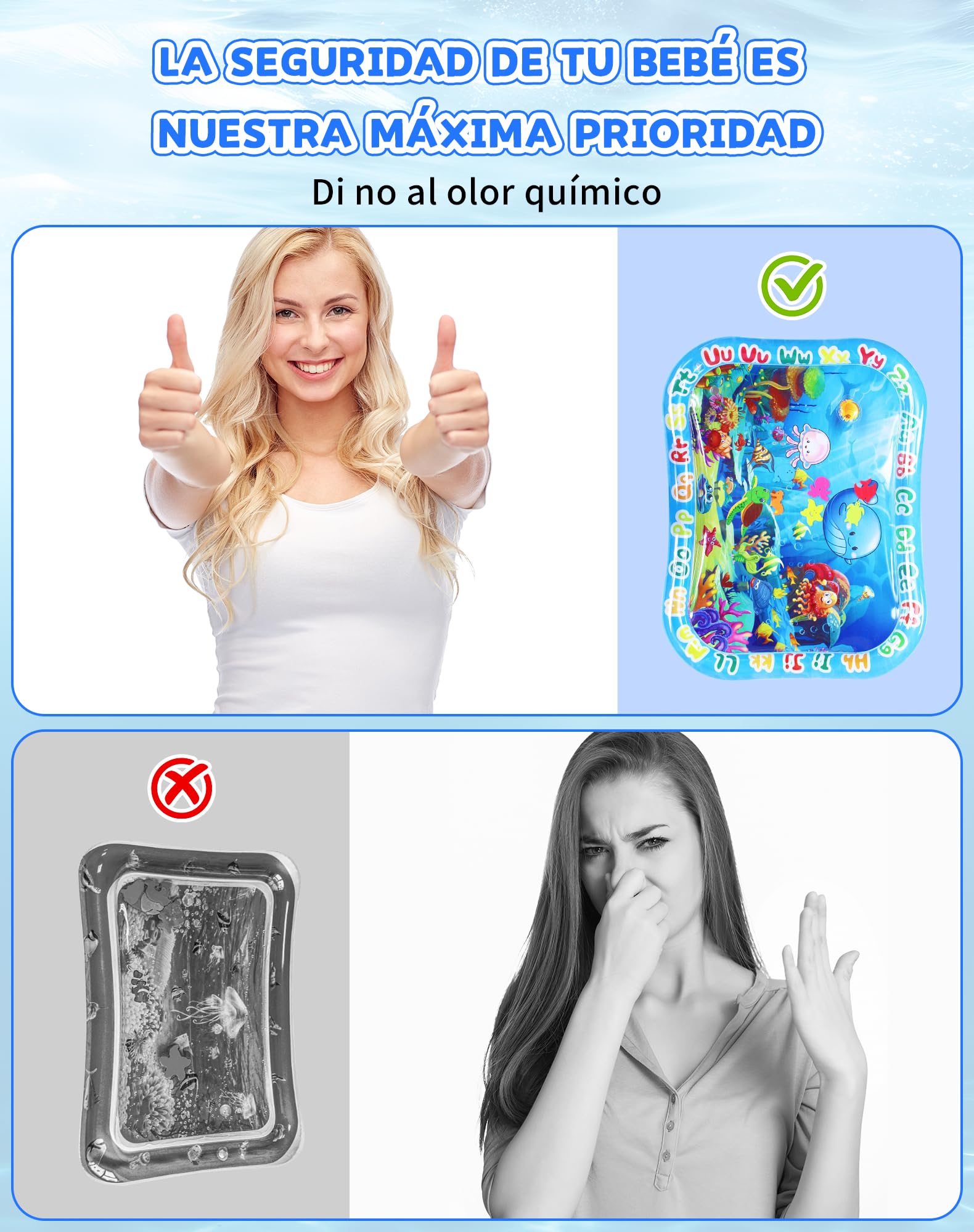 Gran Manta Agua Bebé XXL 95x76cm - Gonflable Tummy Time Mat, Tapete Sensorial Bebé para 3 6 9 12 Meses, Juguete para Bebé, Niño Pequeño y Recién Nacido