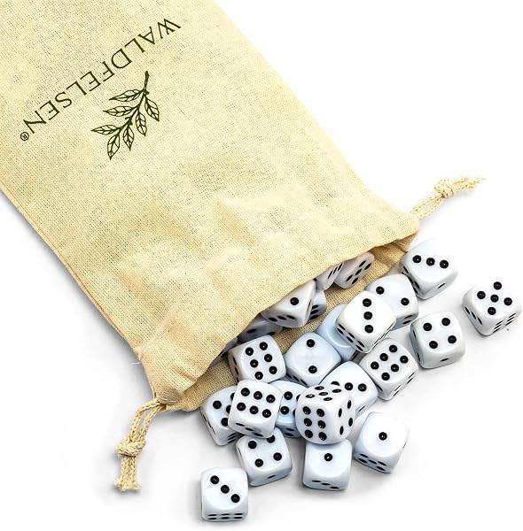 Waldfelsen 6, 12, 20, 30 oder 50 hochqualitative Würfel Standardgröße 16 mm Acrylwürfel Knobel Spielwürfel Dice 6-seitig sechsseitig Spielzubehör Set mit Stoffbeutel (Weiß, 50 Stück) - 2