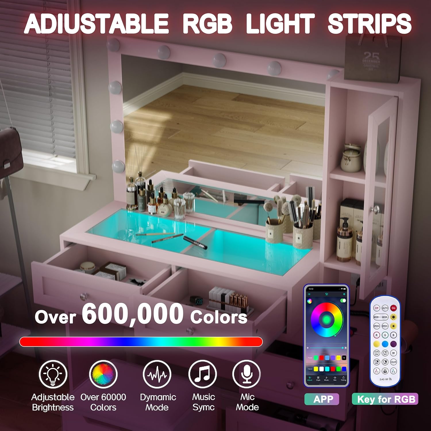 Vanity desk with RGB light strips in drawers, showing app and remote control options