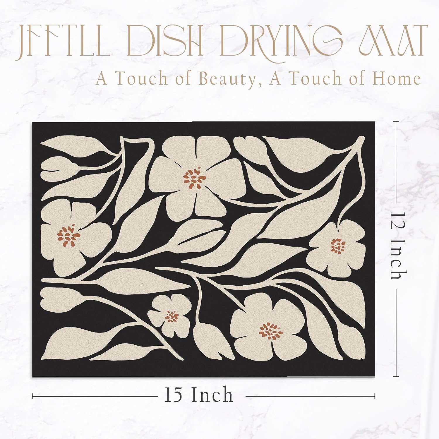 Boho Black and Beige Flower Dish Drying Mat, Abstract Floral Botanical Absorbent Dish Drainer Reusable Washable Drying Mat Pad for Kitchen Counter, Boho Kitchen Decor, 12×15 Inch