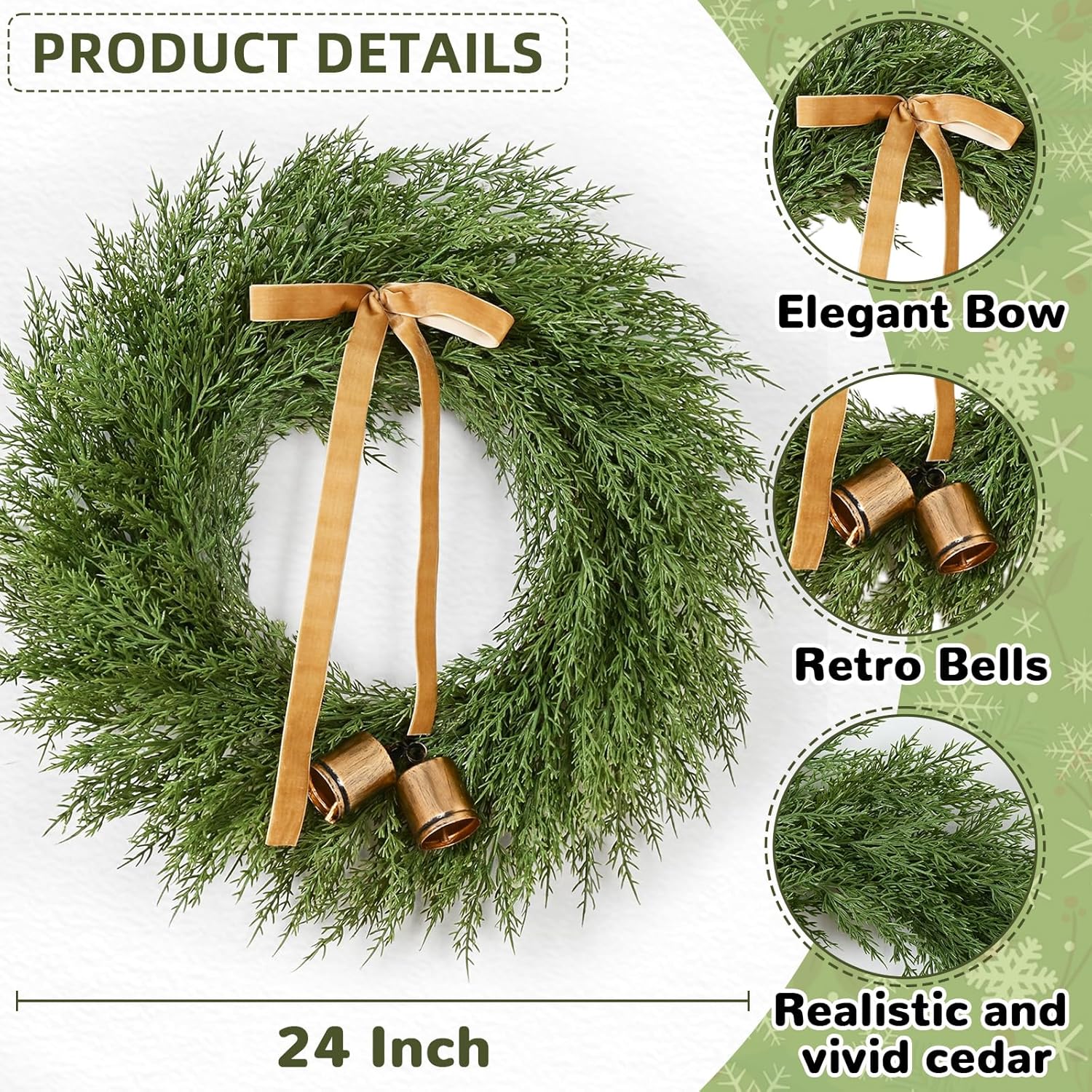 Waipfaru 24 Inch Christmas Wreath, Cedar Wreath Artificial Realistic with Bow and Bell, Large Christmas Pine Wreaths for Front Door, Windows, Outdoor, Indoor, Wall, Christmas Decorations (1Pcs) - Image 2