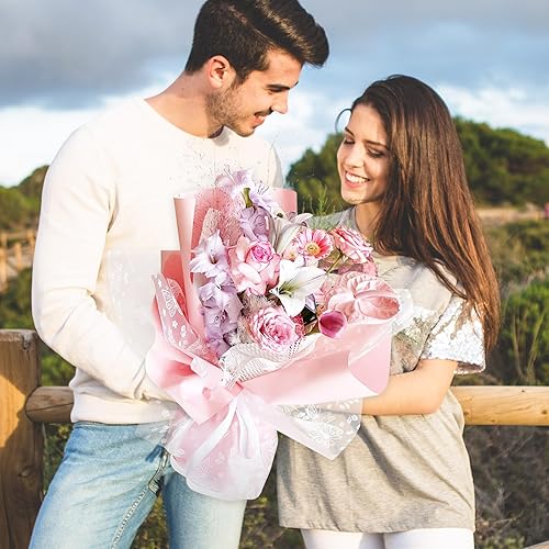 Miniatura 5 de JarThenaAMCS 50 hojas de papel de regalo floral de mariposa, papel de ramo de flores de panal rosa y blanco, papel de embalaje de floristería de