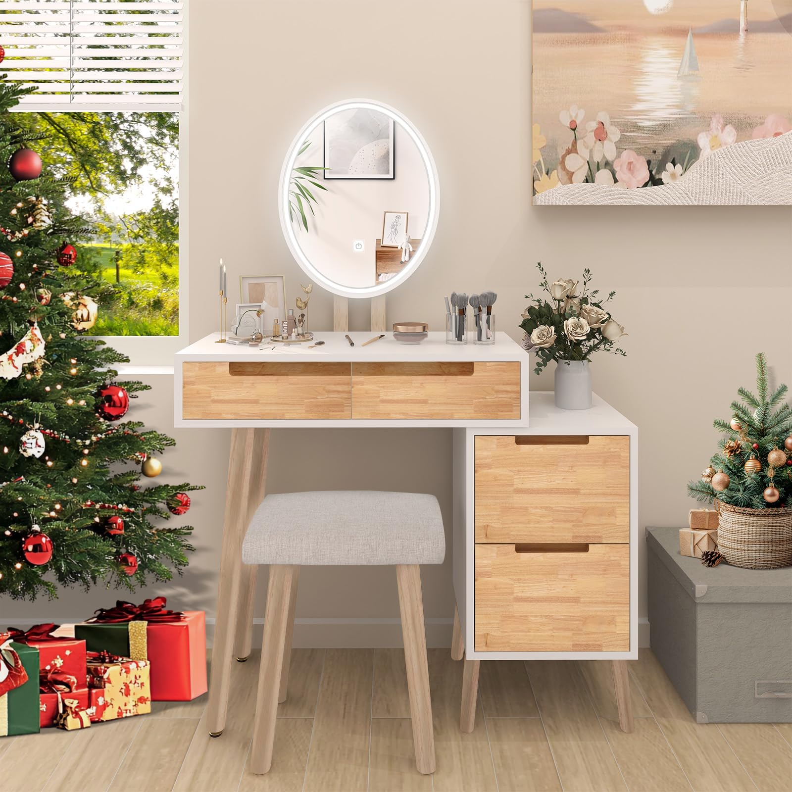 YU YUSING Schminktisch mit Beleuchtung, LED-Spiegel, Frisiertisch mit 4 Schubladen, 1 Schrank, Kosmetiktisch mit Stuhl, 3 Farben LED, Frisierkommode Make-up-Tisch für Wohnzimmer Schlafzimmer, Modern