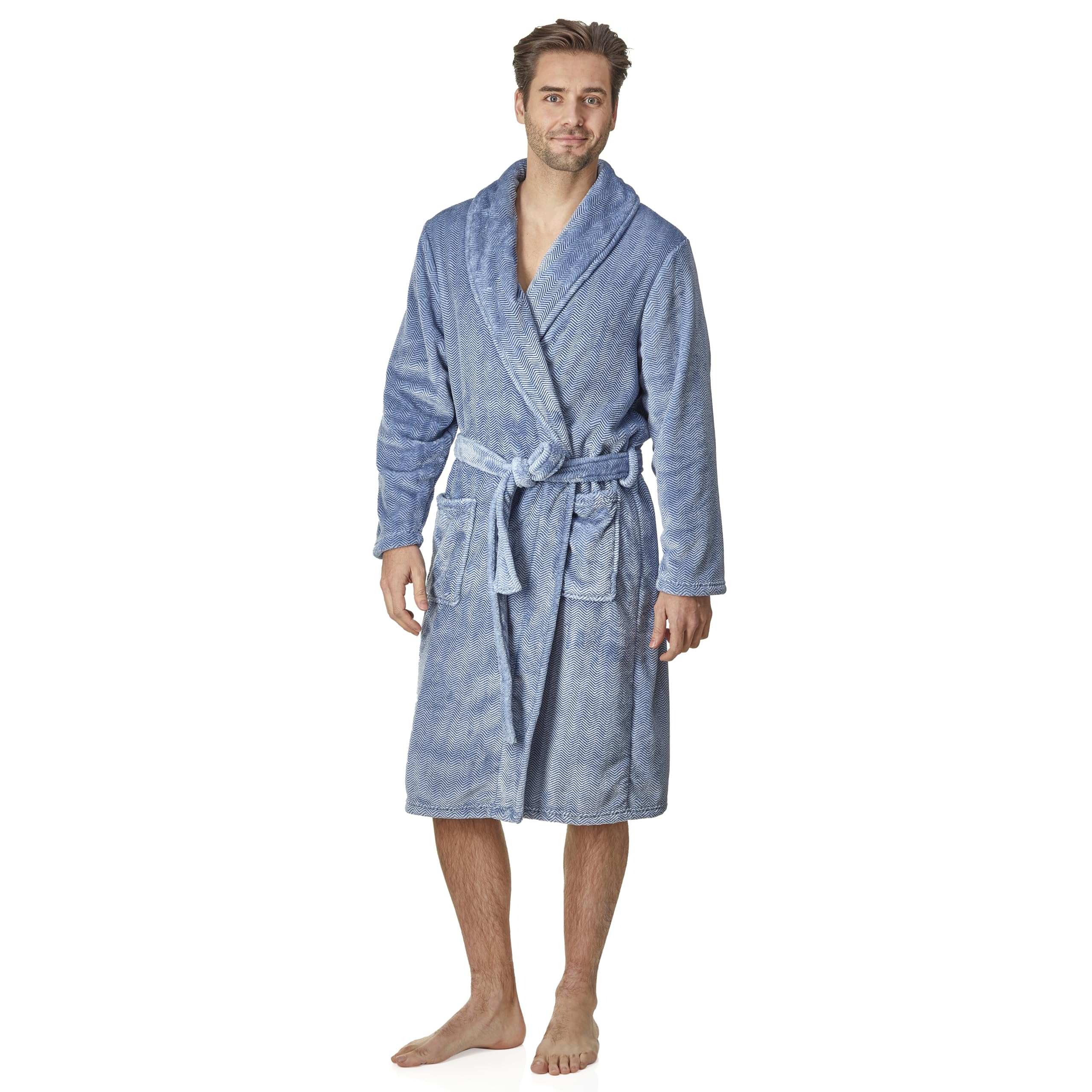 Haigman Men's Blue Supersoft Herringbone Robe (S/M, To Fit Chest 96-107Cm/38-42In, To Fit Waist 84-92Cm/33-36In, )