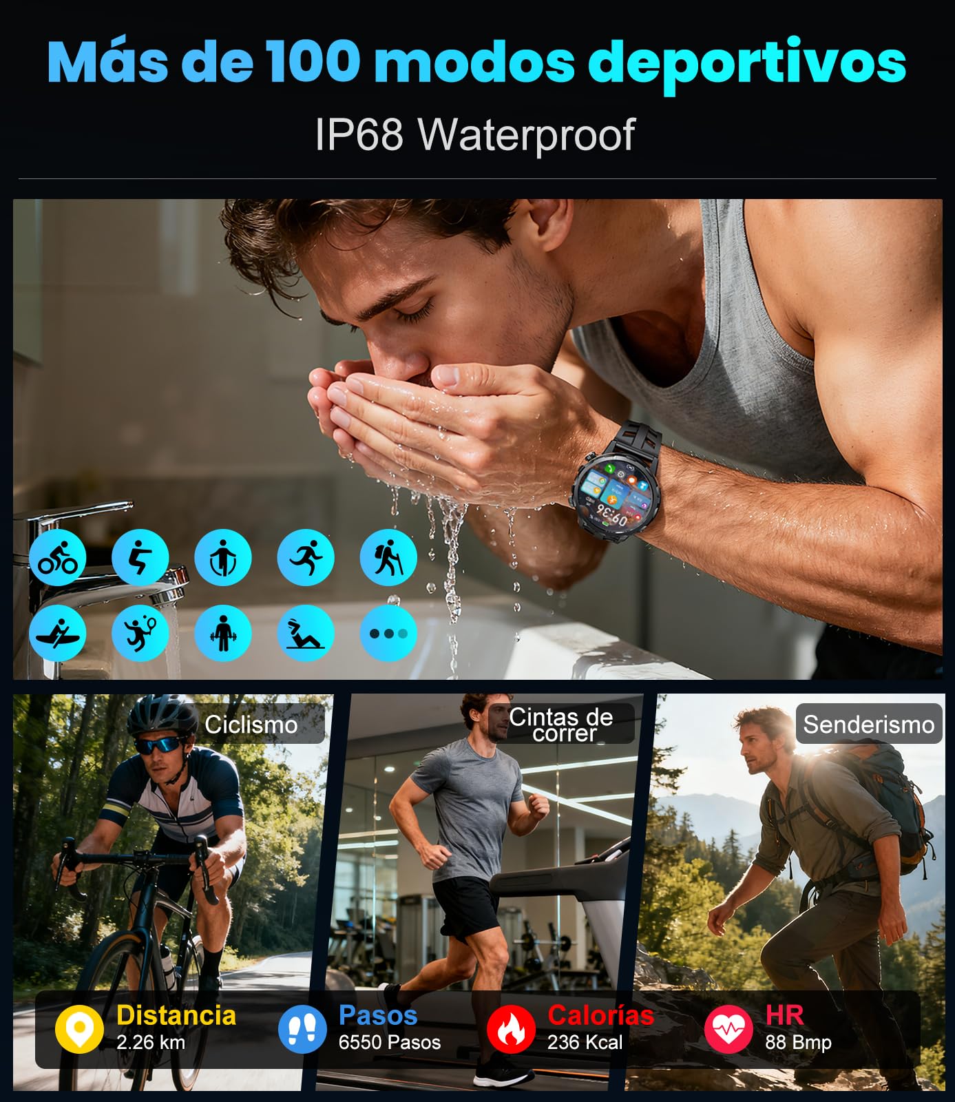 BENYAR Reloj Inteligente Hombre con 1000mAh/Linterna/1.7'' HD Grande Smartwatch Hombre con Llamadas/Doble Carga/IP68 Impermeable/100+ Modos Deportivos/Pulsómetro/Sueño/Pulsera Actividad Android iOS