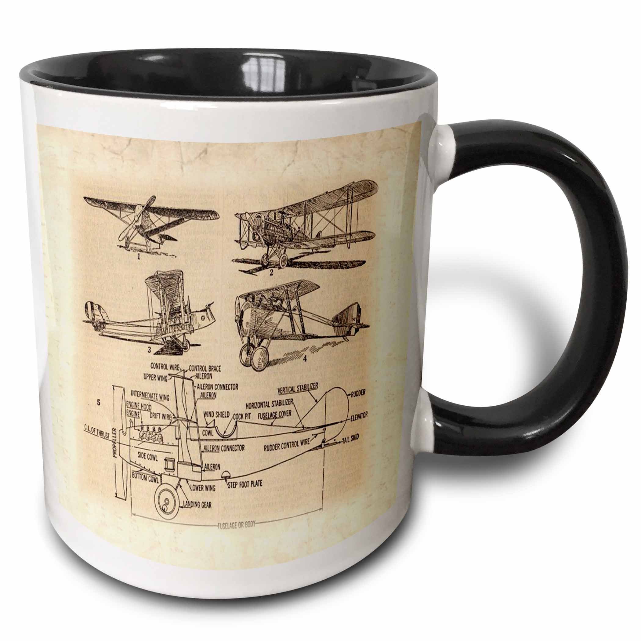 3dRose Mug_62138_4"Early 1900S Sketch Of Airplanes" Two Tone Black Mug, 11 Oz, Multicolor