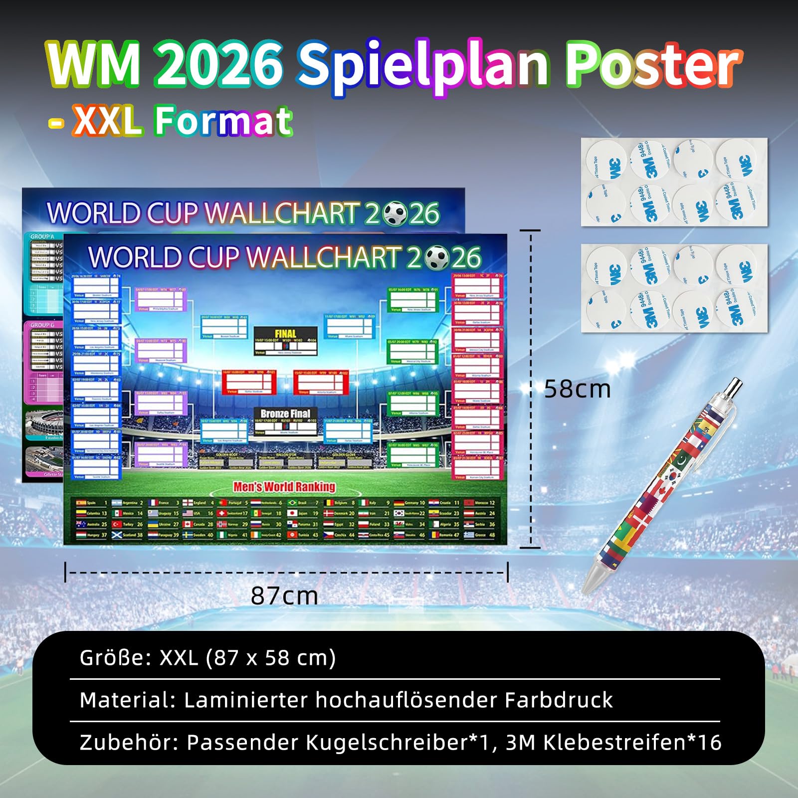 KLINNA Juego de 2 pósteres 87 x 58 cm Calendario Mundial 2026 Planificador de Pared Gran Formato