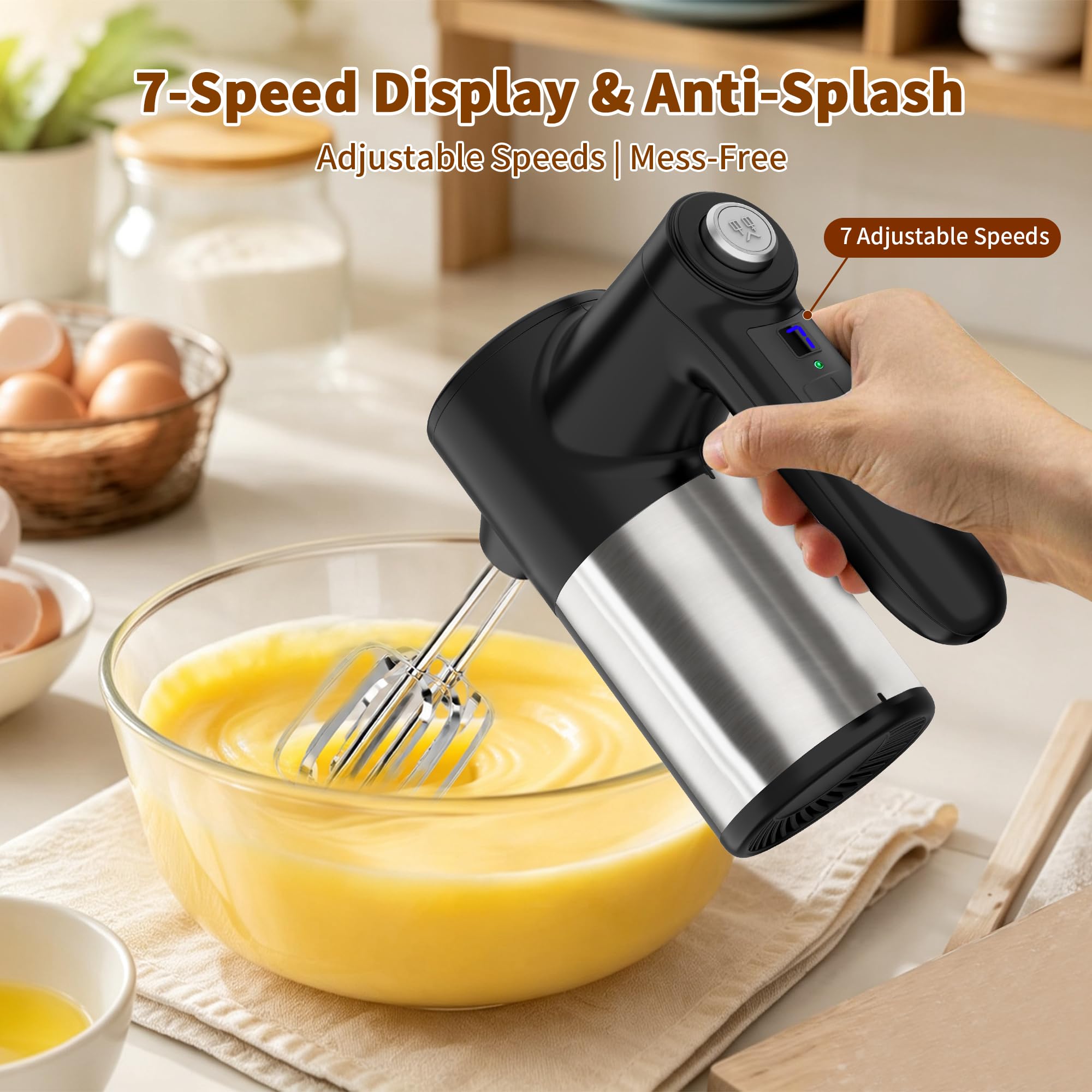 binROC Mezclador de mano inalámbrico, visualización digital, 7 velocidades, recargable por USB, mezclador de mano eléctrico con 6 accesorios de acero inoxidable, batidores, ganchos de masa y base