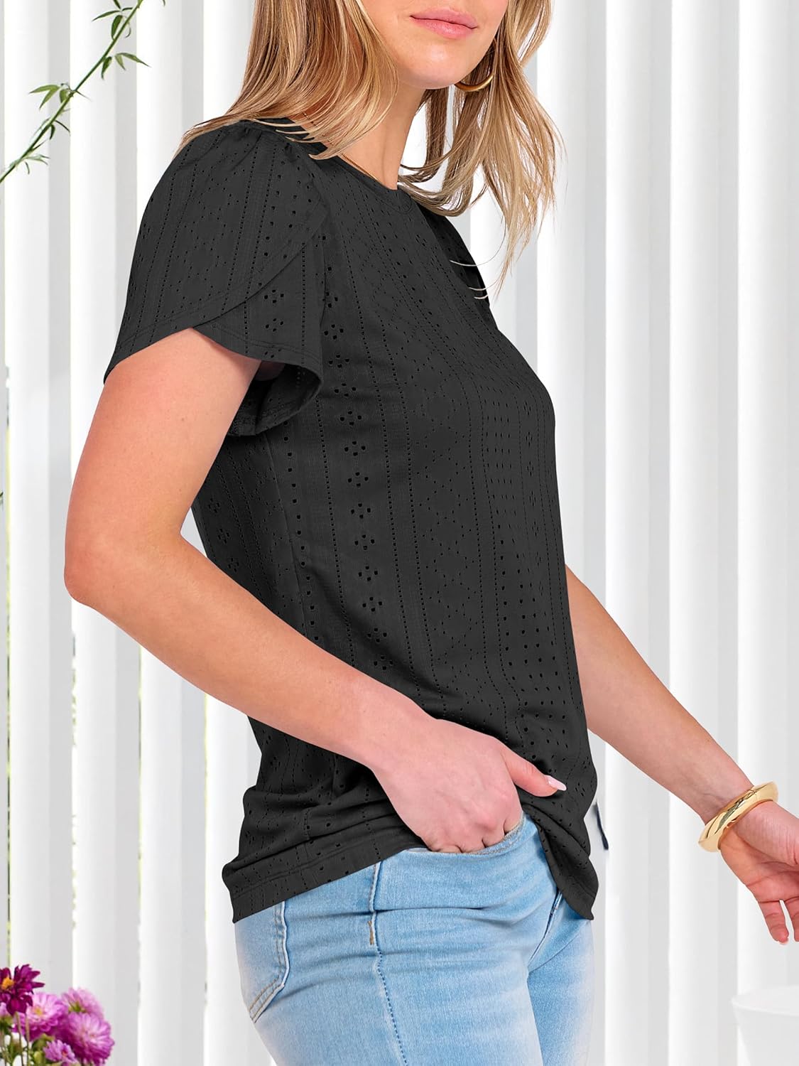 ANRABESS Womens Tops Summer Eyelet Petal Short Sleeve T Shirts Dressy Casual Blouses Ladies Basic Tees 2026 Spring Clothes - Image 4