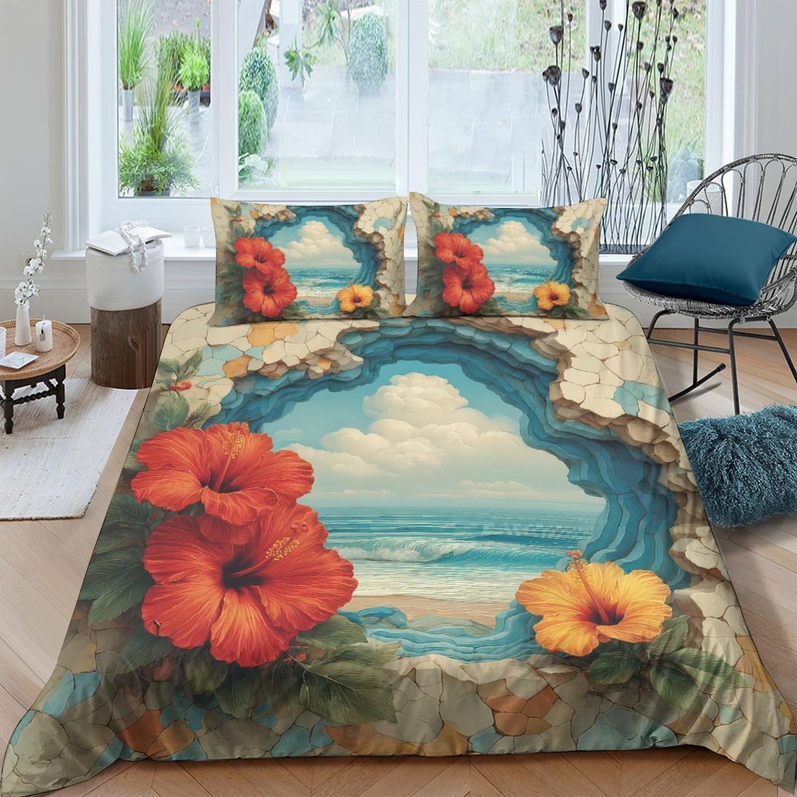 Tyuiopasdfg Colorful-1 Art Lover Floral Duvet Cover Set Microfiber 3 Piece Ocean View Soft Bedding Set Decorative Bedroom King（220X240cm）