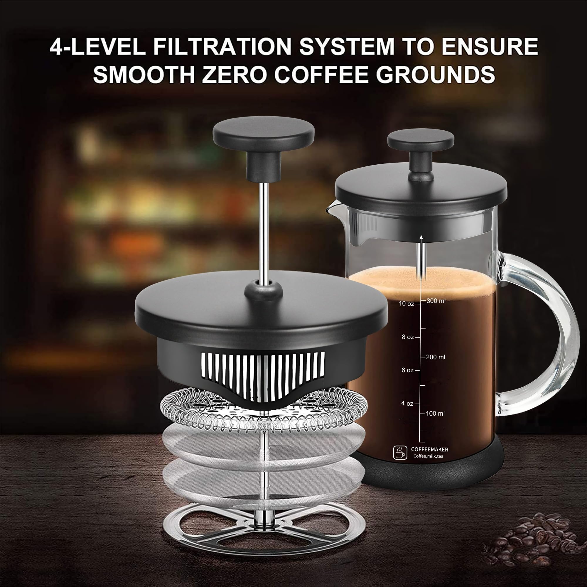 YMMIND Cafetera de prensa francesa de 12 onzas con sistema de 4 filtros, émbolo de acero inoxidable y vidrio de borosilicato resistente al calor, sin BPA, tetera preparada