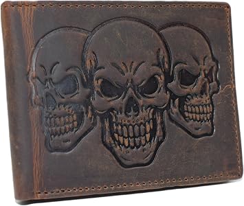 MARSHAL Mens RFID Blocking Vintage Leather Bifold Wallet with Triple Skull Debossed Design Brown