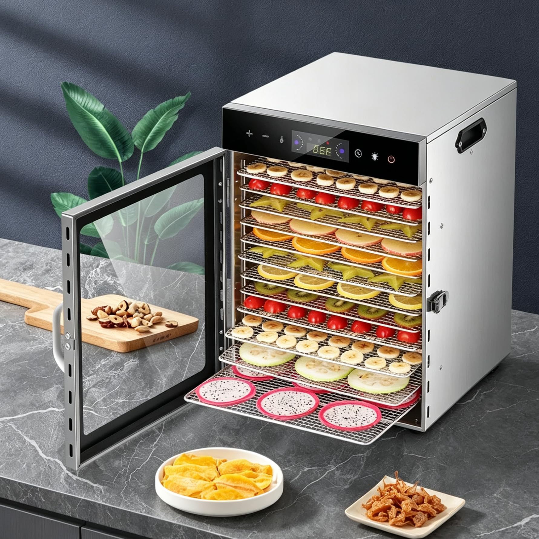 Deshidratador alimentario 800 W con 12 bandejas de acero inoxidable (plata)