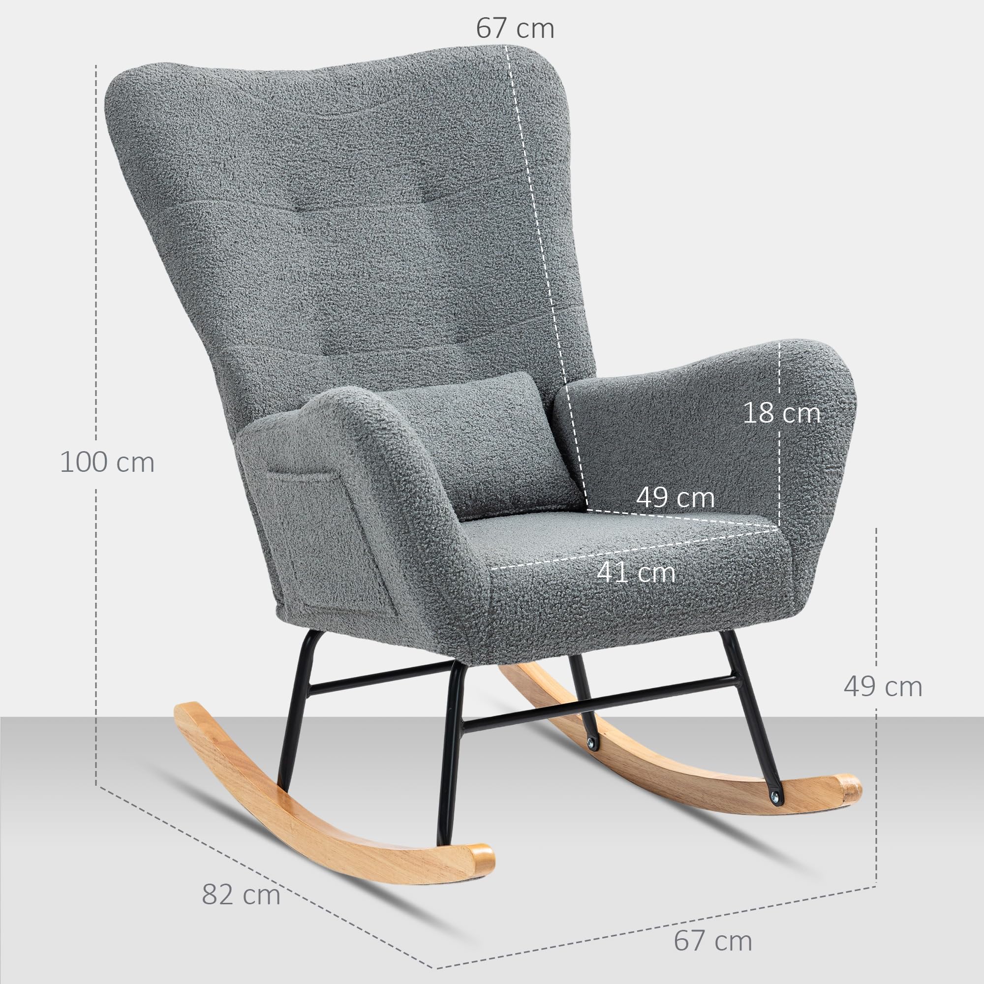 HOMCOM Silla Mecedora Moderna, Mecedora Tapizada en Terciopelo de Teddy, Sillón de Lactancia con Respaldo Acolchado Alto, Almohada, Patas de Madera, Bolsillo Lateral, para Dormitorio, Salón, Gris