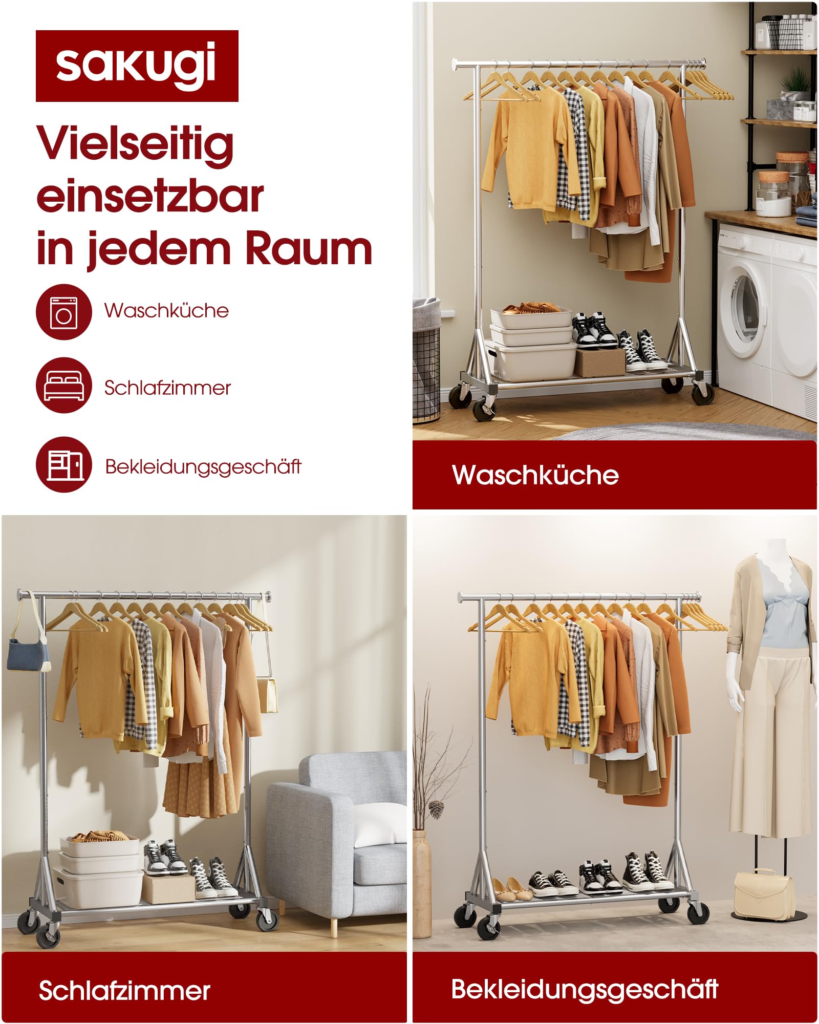 Sakugi Kleiderständer auf Rollen – Robuste Kleiderstange aus Edelstahl mit Mesh-Regal, multifunktionaler Garderobenständer für Schlafzimmer, Wäscheraum, Laden, 110 x 42 x 163.3 cm, Silbern