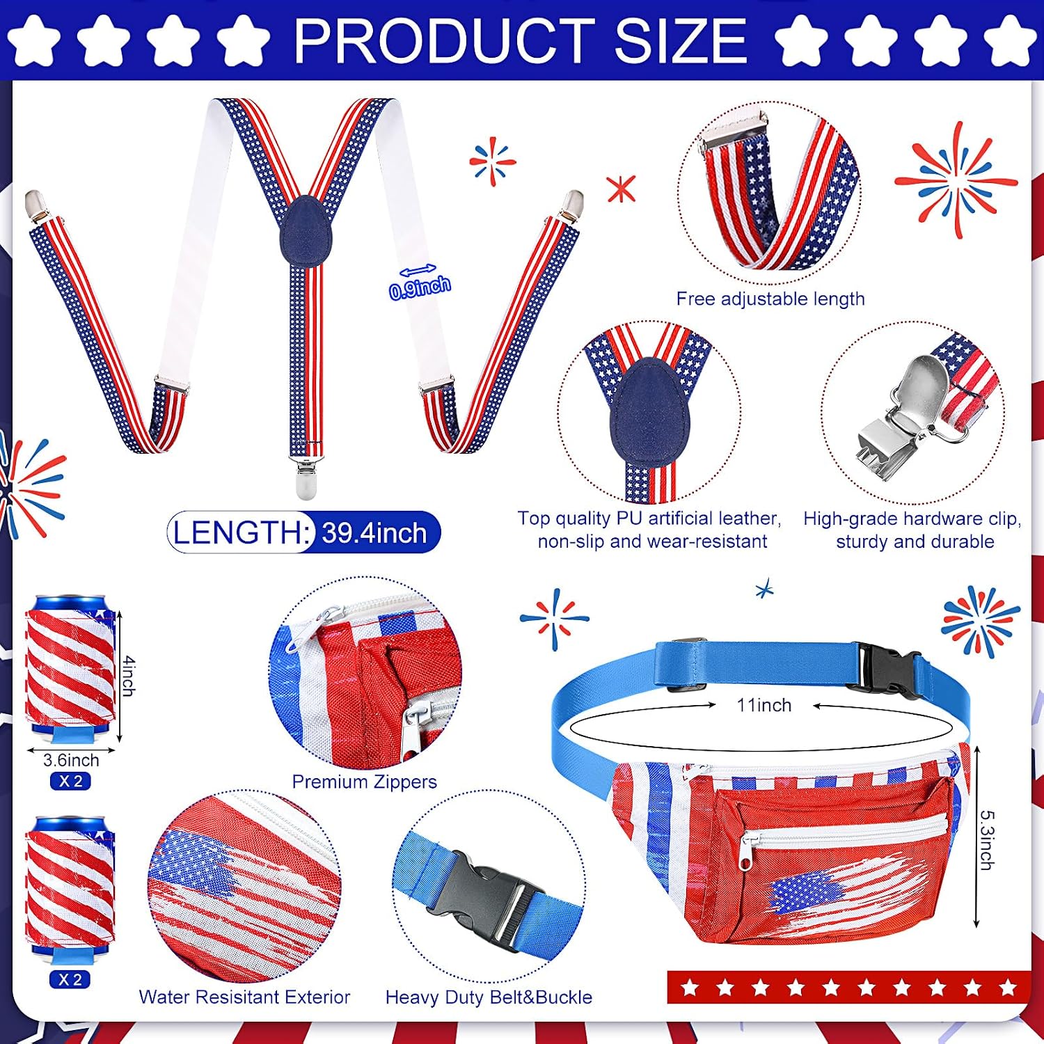 Mepase 4th of July Fanny Pack for Men America Flag Patriotic Beverage Beer Belt Suspenders 250th Anniversary Dress