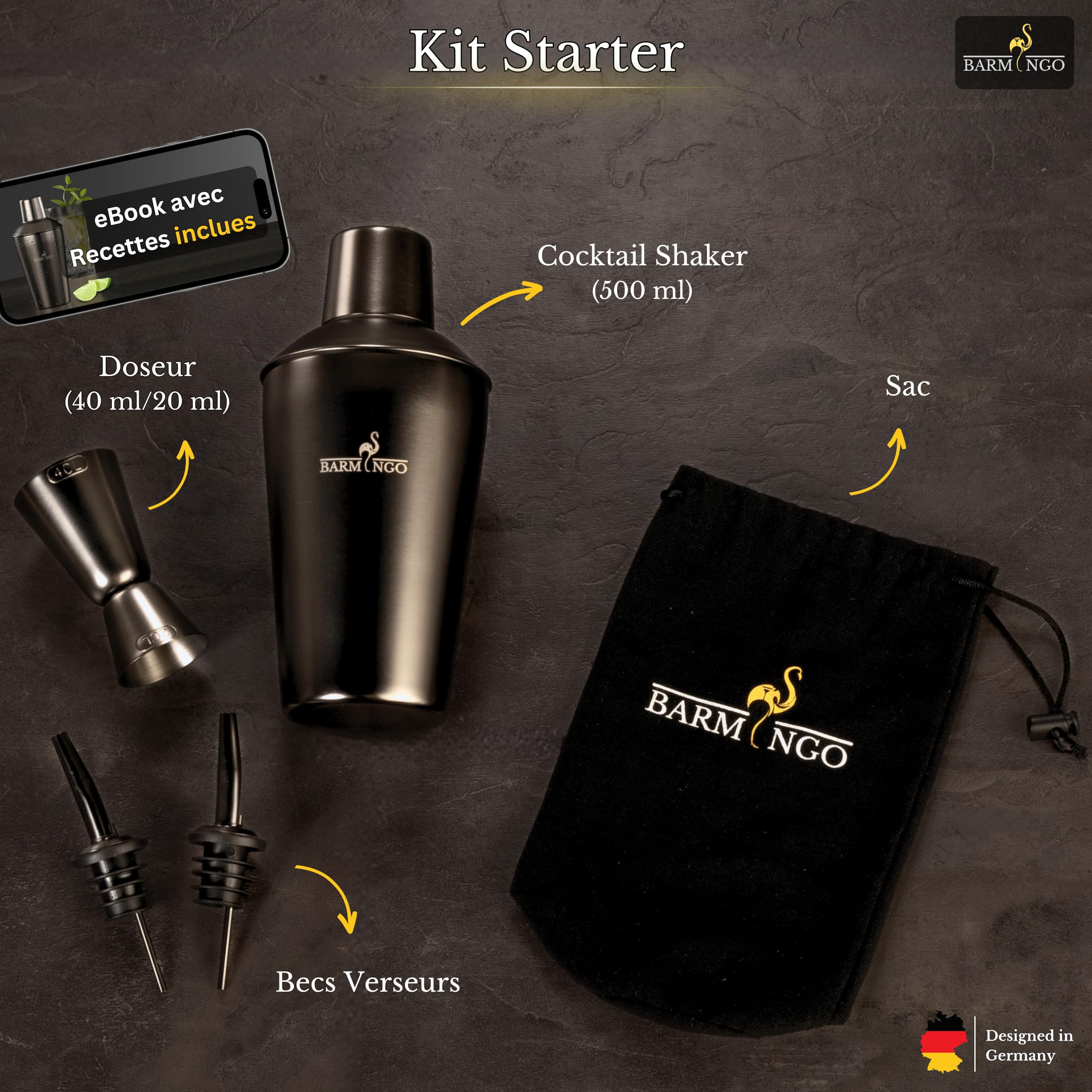 Shaker Cocktail Kit | 5 Pièces, Volume de 500 ML, Noir Métallisé | Shaker Cocktail INOX avec Accessoires de Bar | Set Barman Cocktail Shaker | Kit Cocktail Professionnel