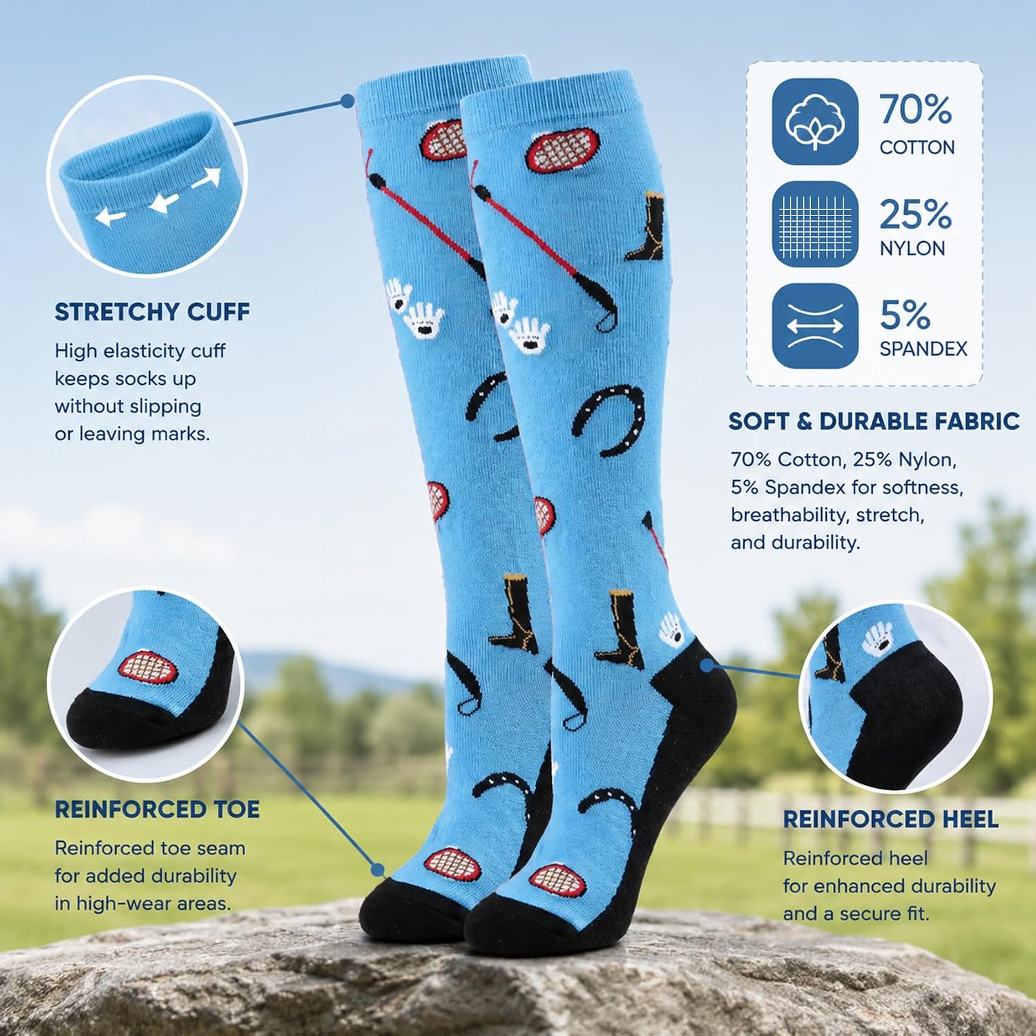 Horse Socks for Women and Men, Unisex Cotton Blend Knee High Equestrian Boot Socks