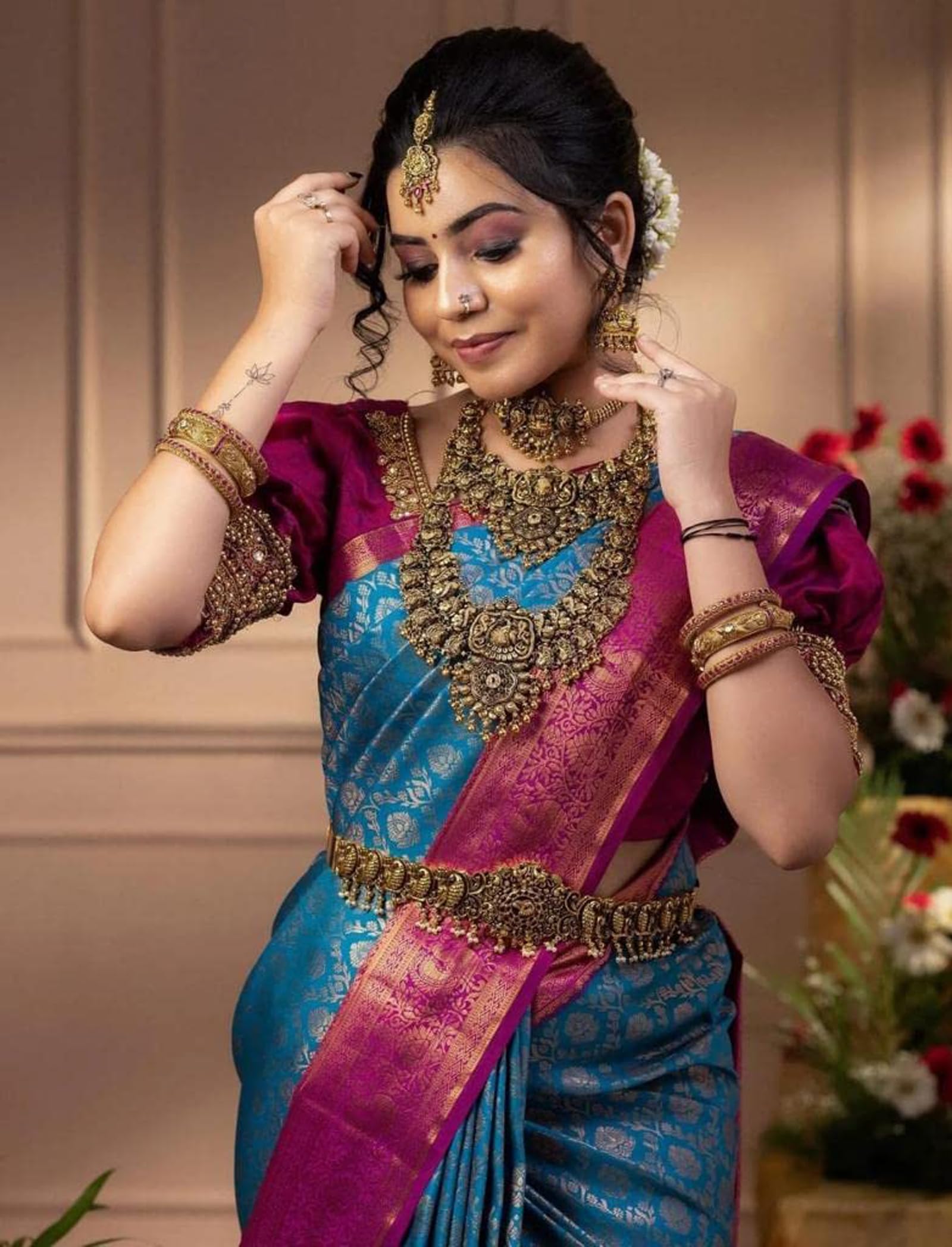 Indyjskie Sari Dla Kobiet W Stylu Kanjivaram Niebieskie Sari Banarasi Jacquard Z Nieszytą Bluzką
