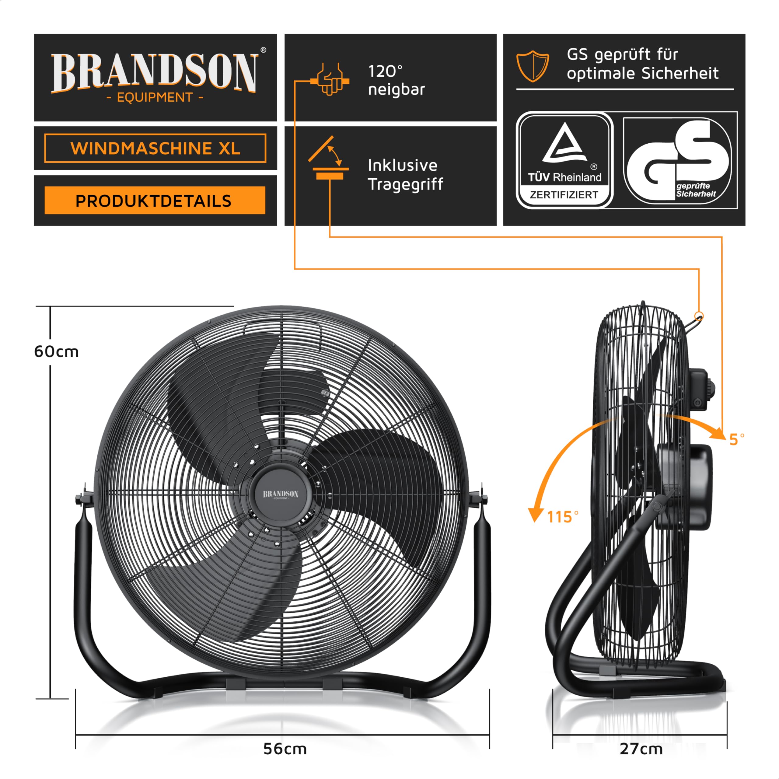Brandson - Windmaschine Retro Stil 200 Watt - Sieger Ventilatoren und Luftkühler 2026 - Standventilator 57 cm - Bodenventilator - hoher Luftdurchsatz - stufenlos neigbarer Ventilatorkopf - GS