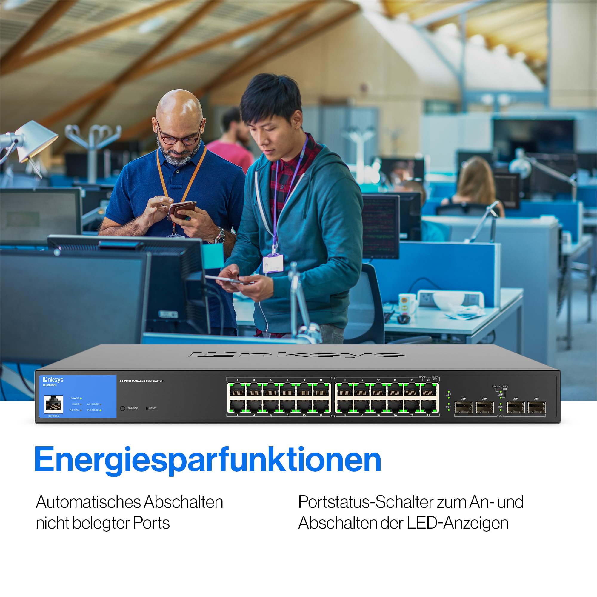 Linksys 24-Port Managed Gigabit-Netzwerk-Switch, 4 1-Gb-Uplink-SFP-Steckplätze, PoE/PoE+, QoS, statisches Routing, VLAN, IGMP, Metallgehäuse, Platzierung auf dem Schreibtisch/an der Wand – LGS328PC