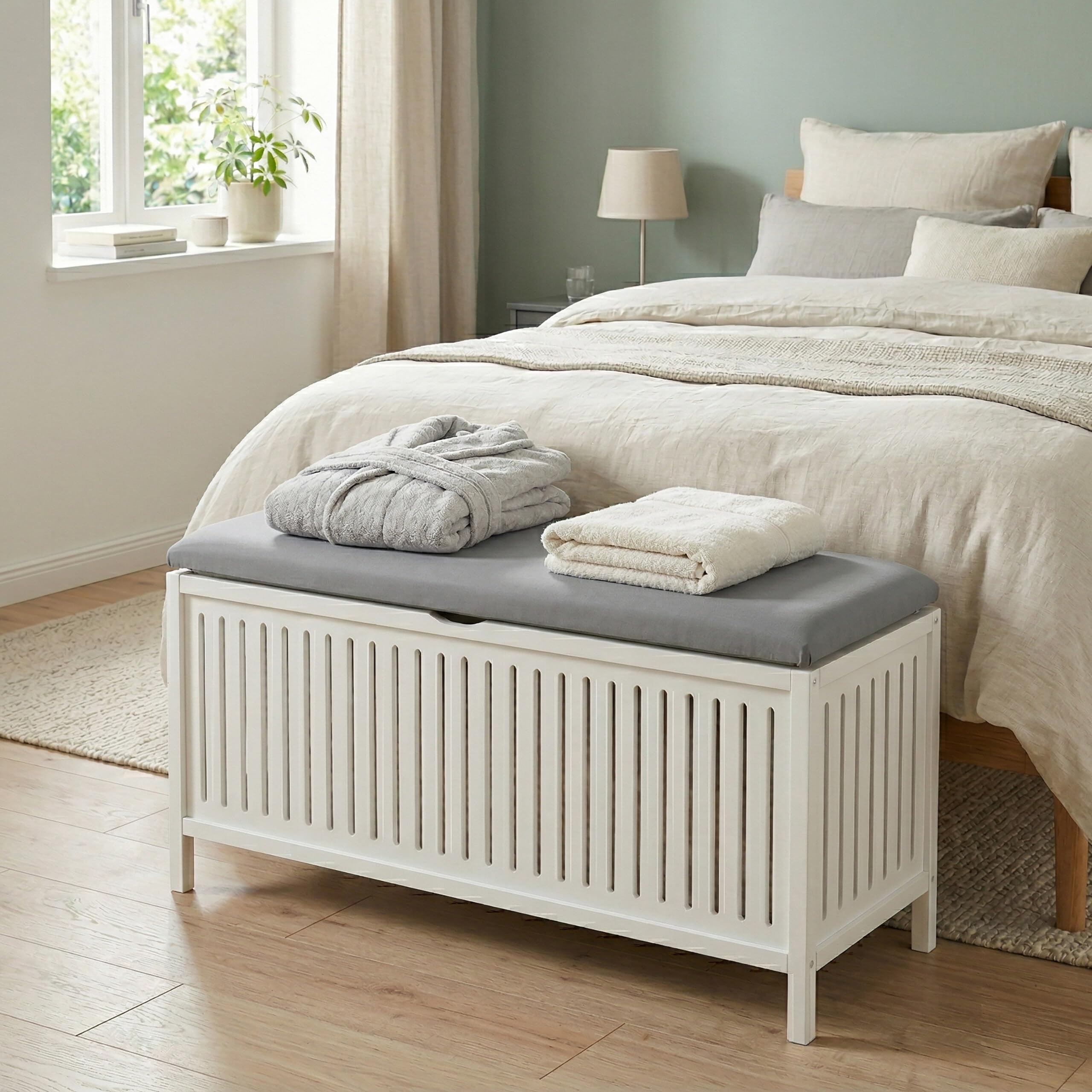Relaxdays Cesto Biancheria con Seduta, Noce, Coperchio Imbottito, 50 x 100 x 38 cm, Sgabello Contenitore, Bianco/Grigio