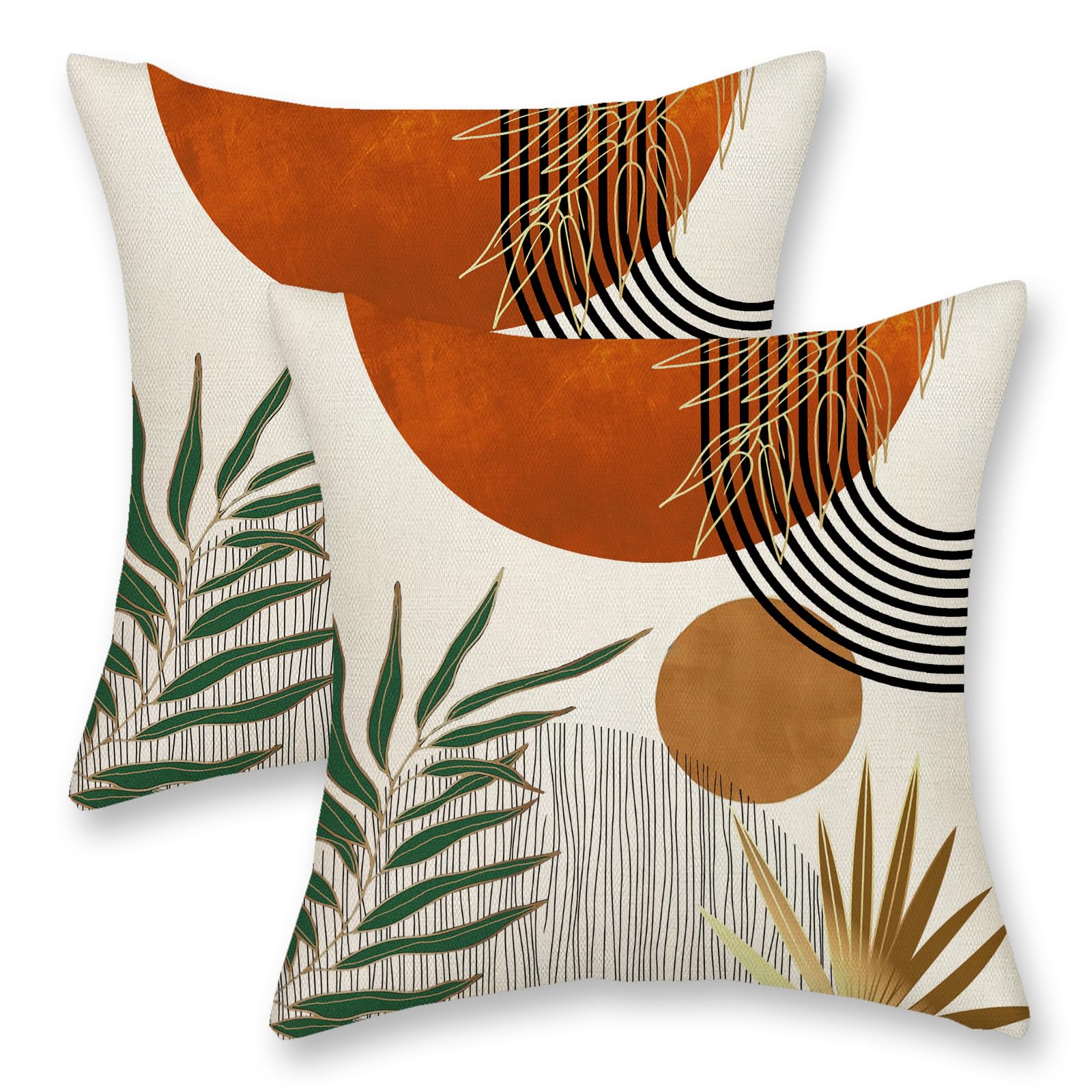 DAFENA Burnt Orange Boho Pillow Covers 20x20 Inch 2 Pcs Tropical Leaf Mid Century Fall Outdoor Decor Throw