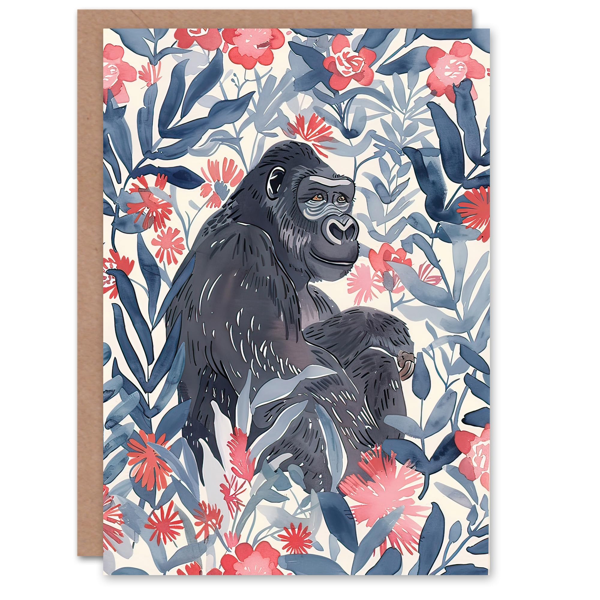 Artery8 Greeting Card Gorilla Ape and Pink Tropical Flowers Watercolour For Her Woman Birthday Card