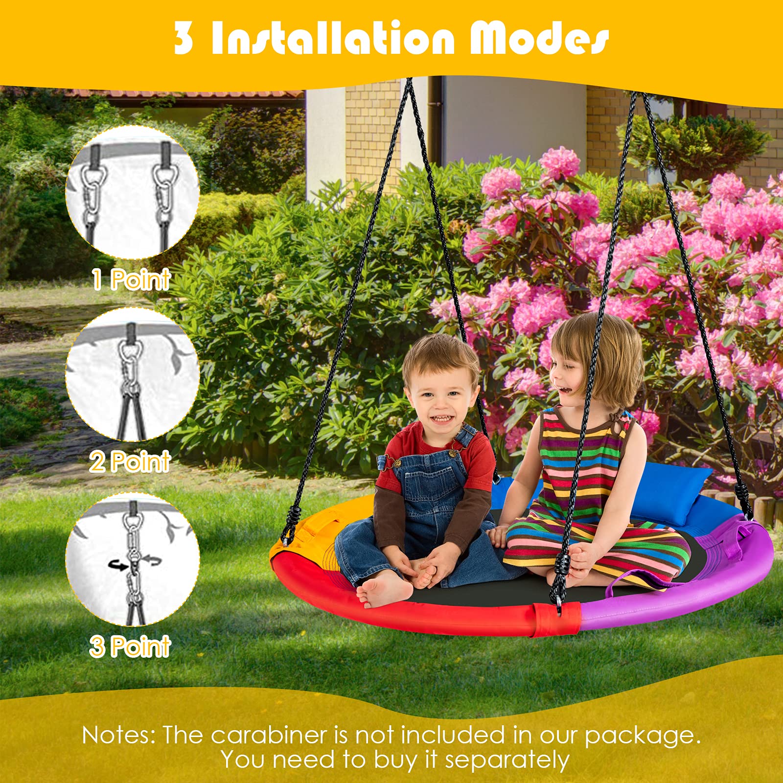 RELAX4LIFE Altalena da Giardino per Bambini, Altalena Rotonda a Nido per Esterno e Interno, Altezza Regolabile 100-160cm, per 2-3 Bambini, Carico massimo: 150kg (Colorato+Cuscino)