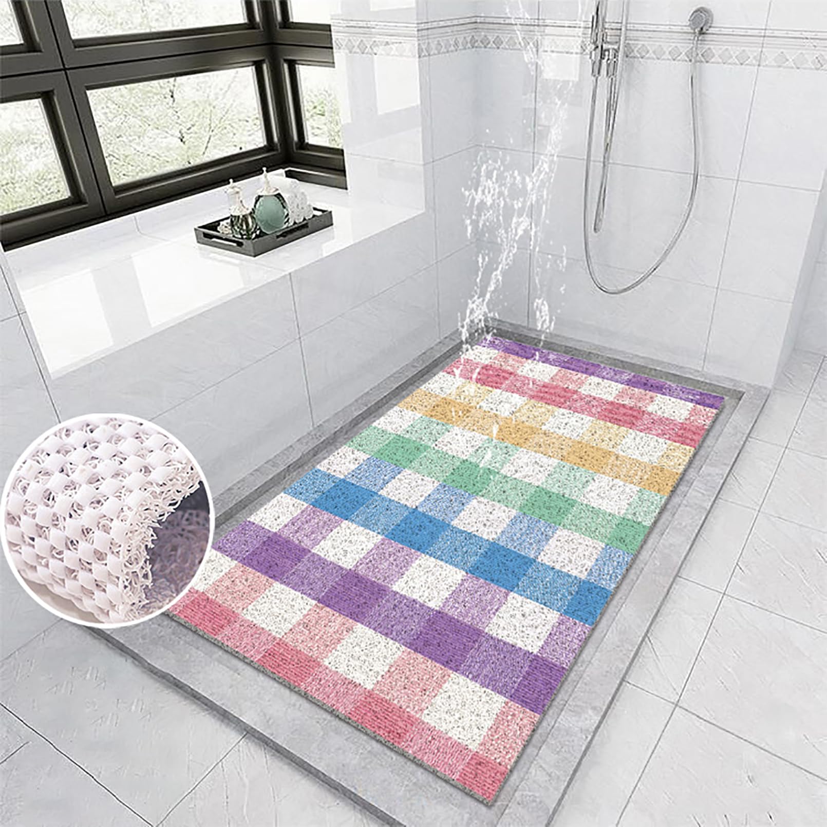 Tappetino da doccia antiscivolo, 40 x 60 cm, morbido e confortevole, tappetino da bagno antiscivolo elegante e lucido in PVC con ganci, alta permeabilità all'acqua