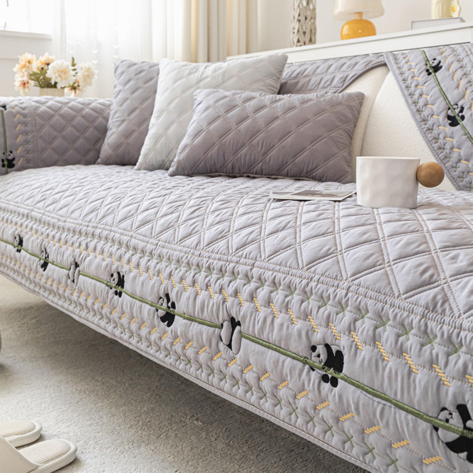 Housse de canapé anti-tache en coton motif panda cartoon gris