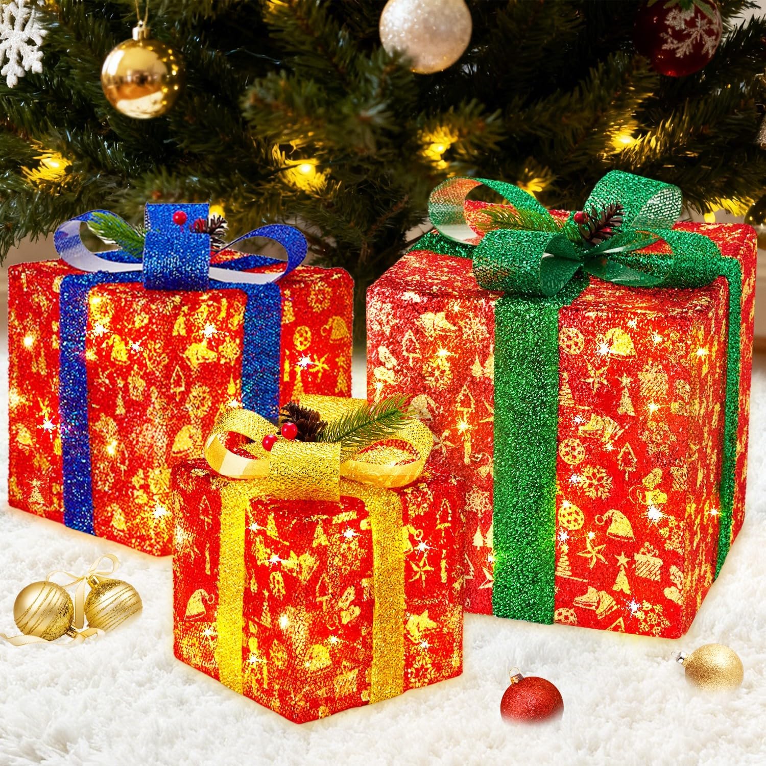 ALHAKIN Set of 3 Christmas Lighted Gift Boxes, Pre-lit LED Light Up Present Boxes, Christmas Decoration for Indoor Outdoor Yard Decor, 8 Modes & Timer Function