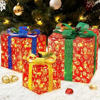 ALHAKIN Set of 3 Christmas Lighted Gift Boxes, Pre-lit LED Light Up Present Boxes, Christmas Decoration for Indoor Outdoor Yard Decor, 8 Modes & Timer Function