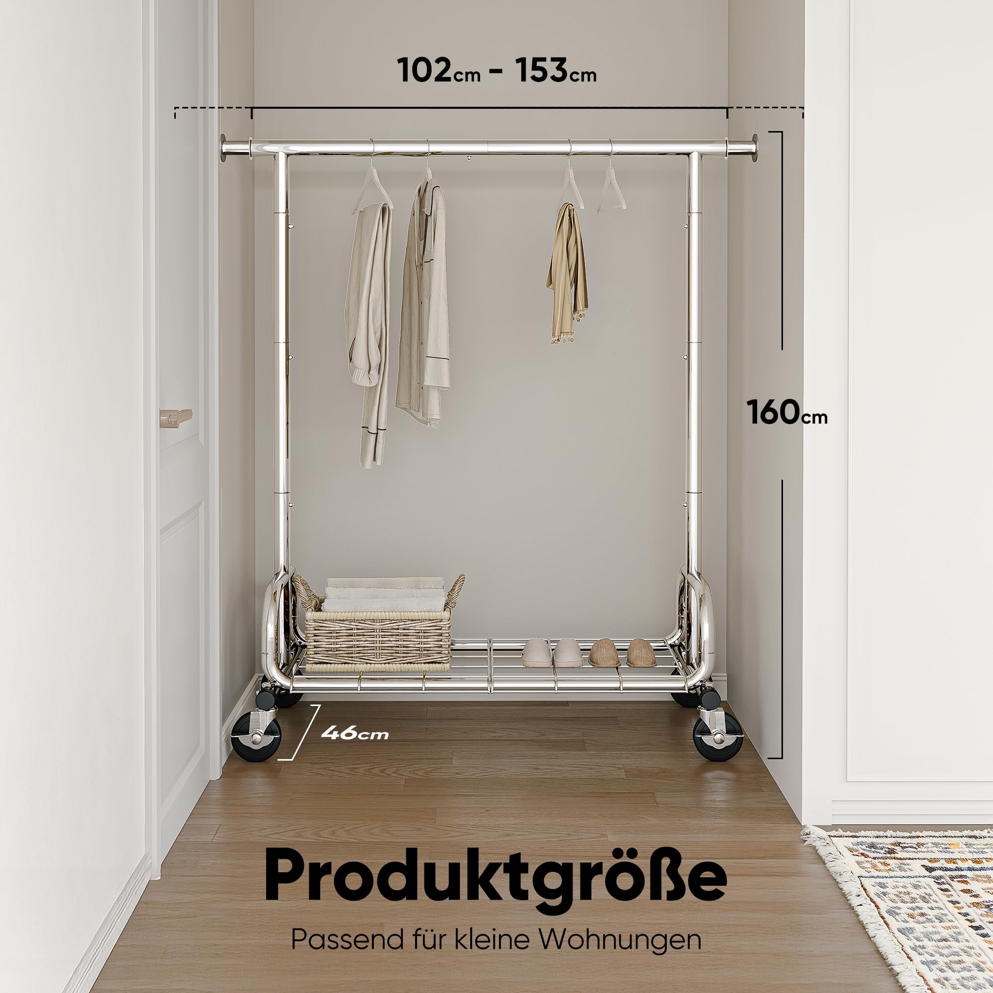 HOKEEPER Kleiderständer auf rollen,136 kg Tragkraft,Schwerlast Kleiderständer,ausziehbare Kleiderstange zum Aufhängen von Kleidung