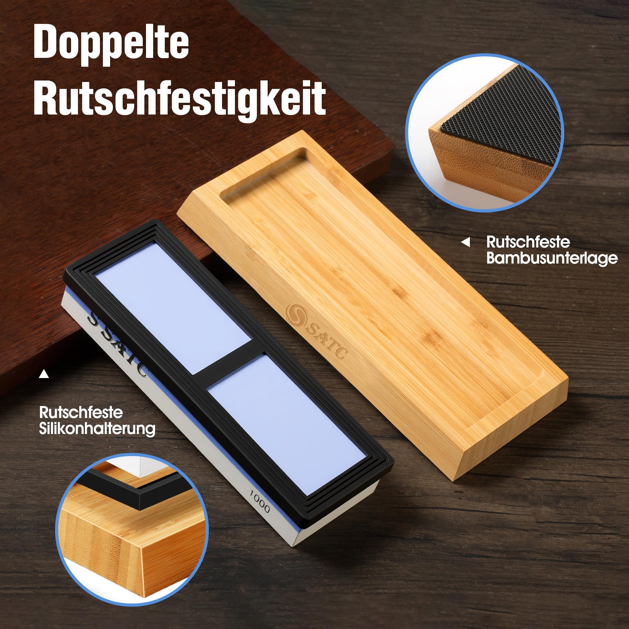 Schleifstein Set 400/1000/3000/8000 Körnung - Hochwertig Wetzstein Messerschärfer mit Bambusständer & Abziehleder – für Küchen & Taschenmesser