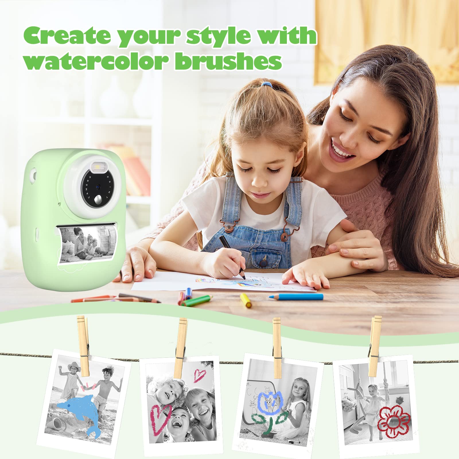 Cámara Infantil, 30 MP, cámara instantánea para niños, impresión en Blanco y Negro, Foto con Pantalla de 1080P de 2,4 Pulgadas, cámara Digital para niños con Tarjeta TF de 32 G, Doble cámara, Verde